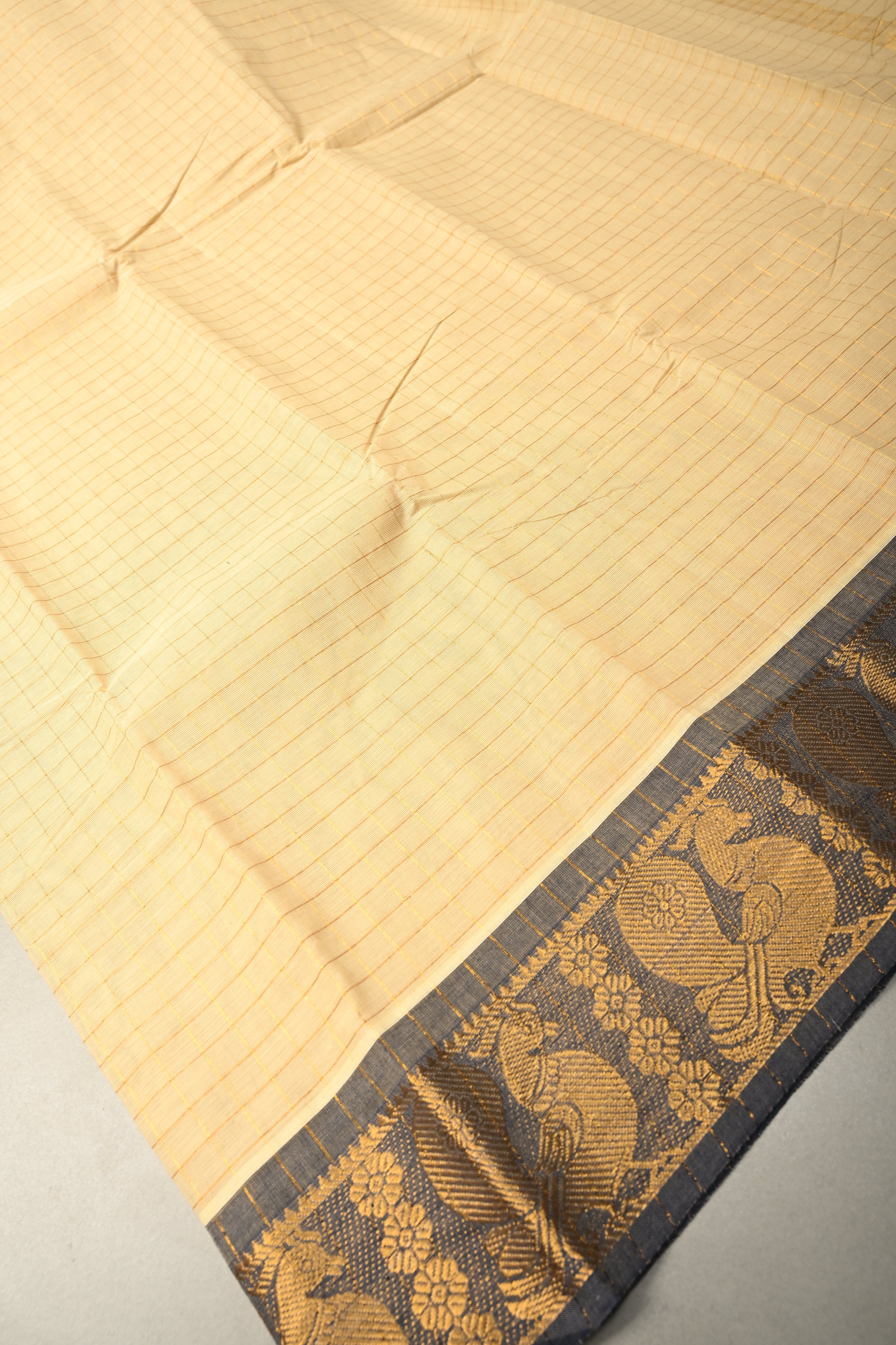 Beige Zari Checks on Chettinad Cotton Saree with Contrast Zari Border, No Blouse Piece | Shobitam