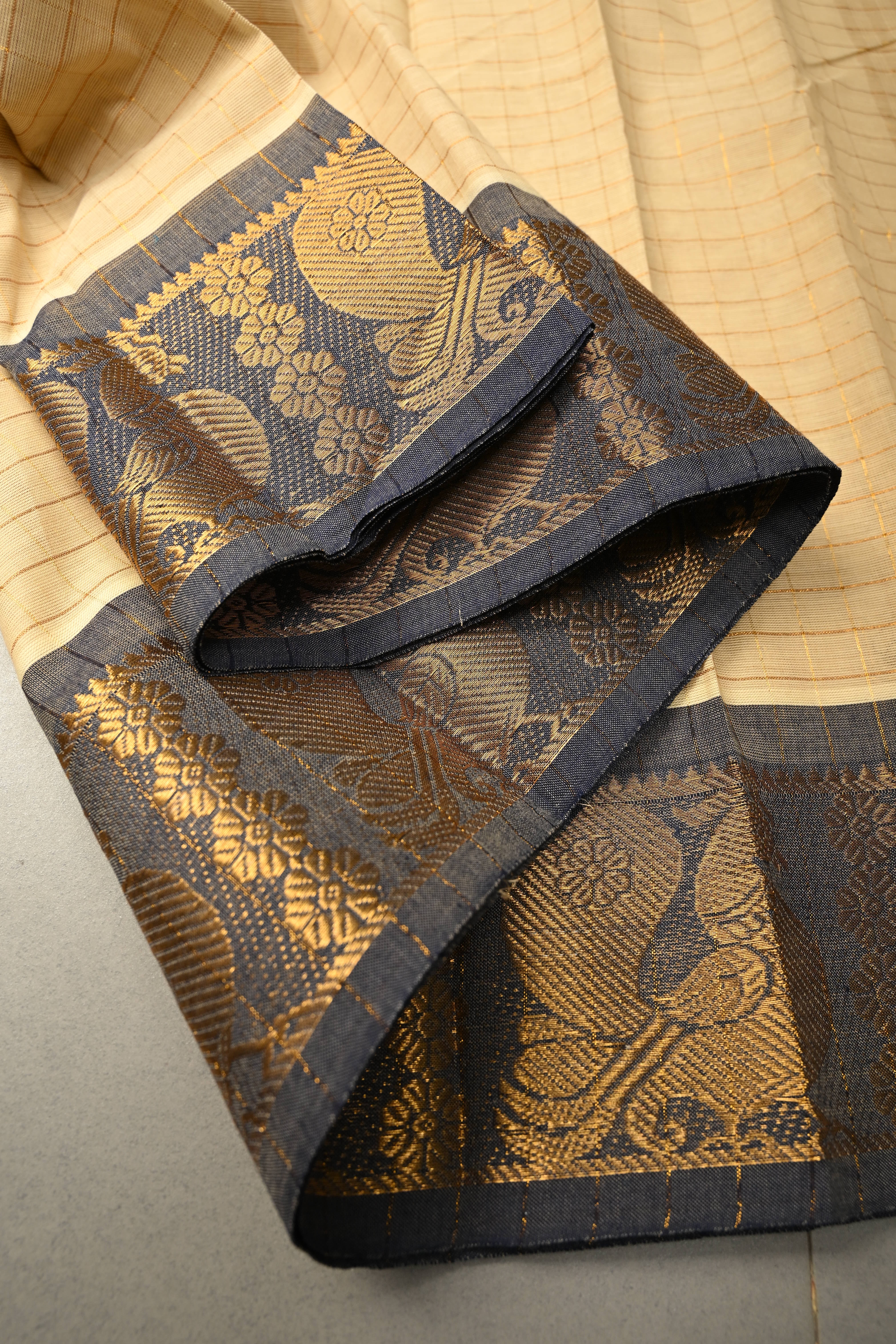 Beige Zari Checks on Chettinad Cotton Saree with Contrast Zari Border, No Blouse Piece | Shobitam