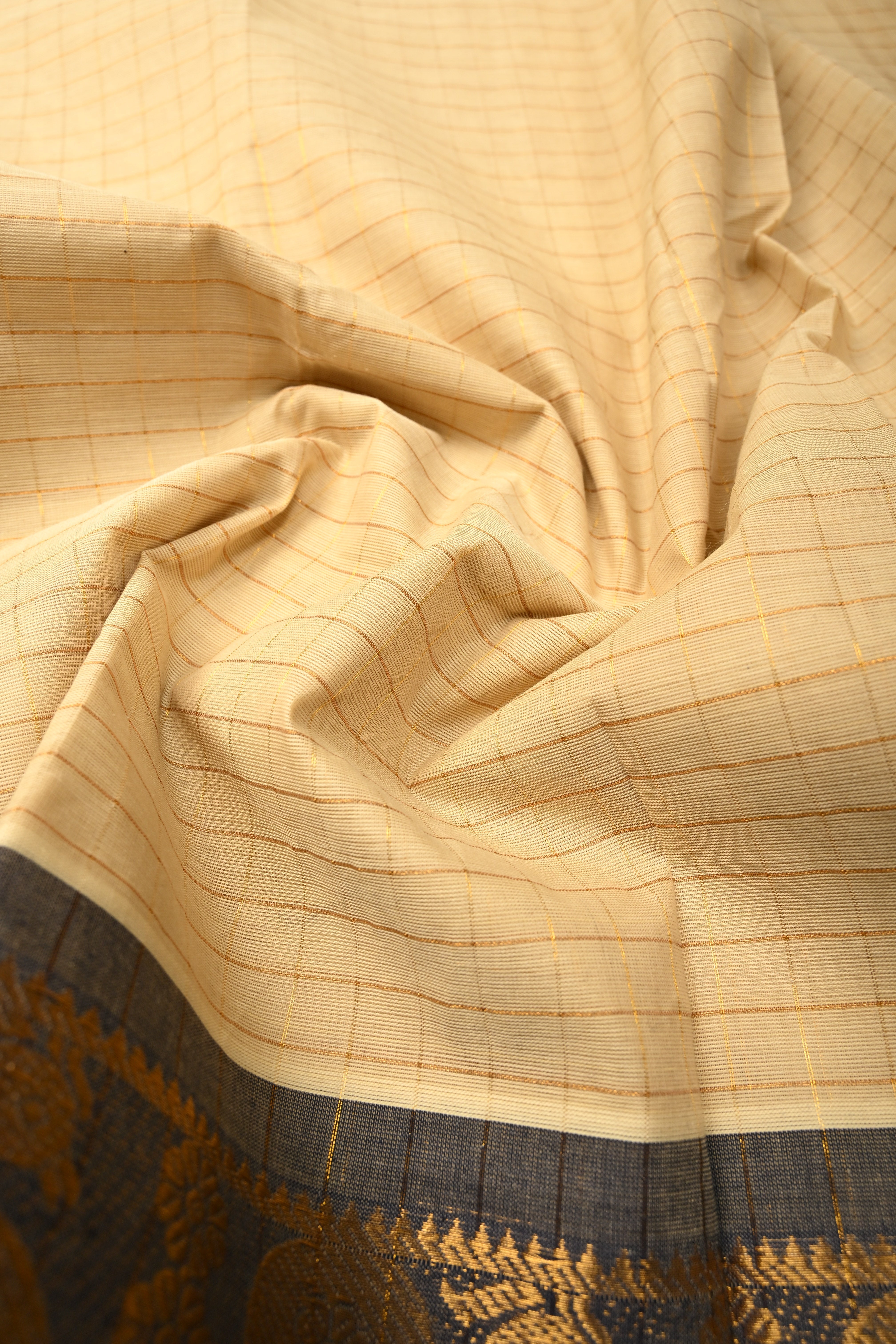 Beige Zari Checks on Chettinad Cotton Saree with Contrast Zari Border, No Blouse Piece | Shobitam