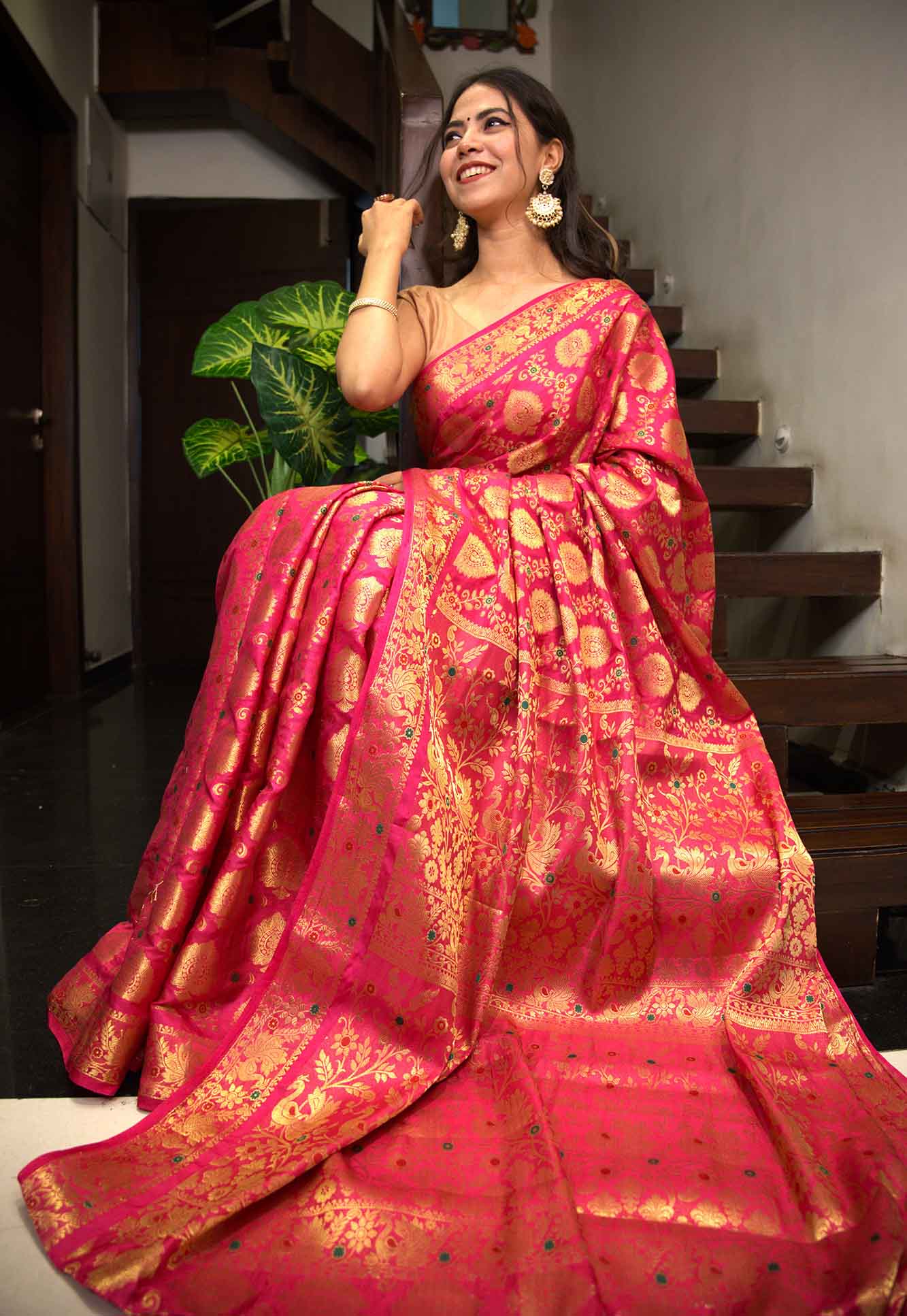 kanjivaram Zari Interweaving Coral Pink Wrap in 1 minute Saree with Readymade Blouse - Isadora Life