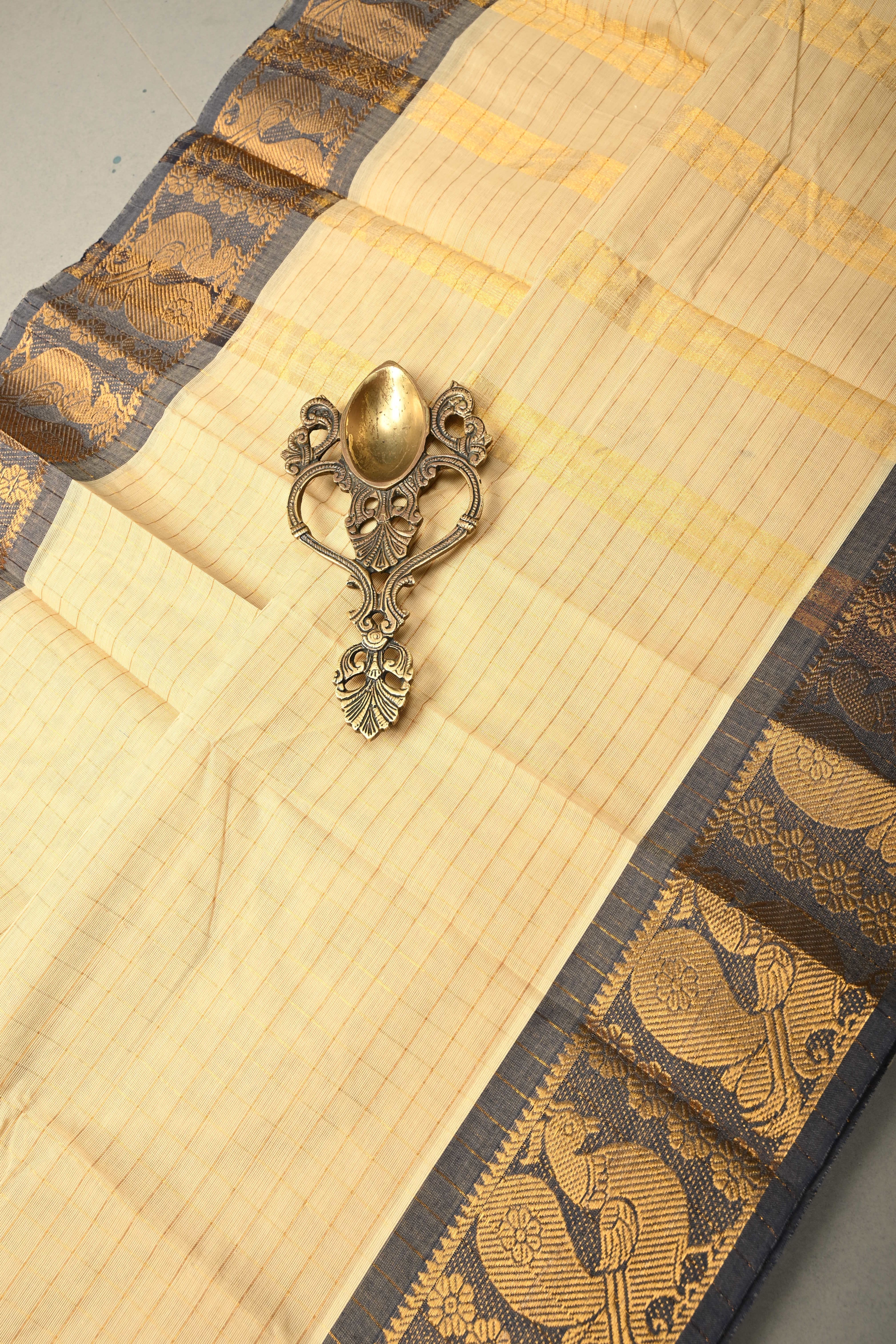 Beige Zari Checks on Chettinad Cotton Saree with Contrast Zari Border, No Blouse Piece | Shobitam