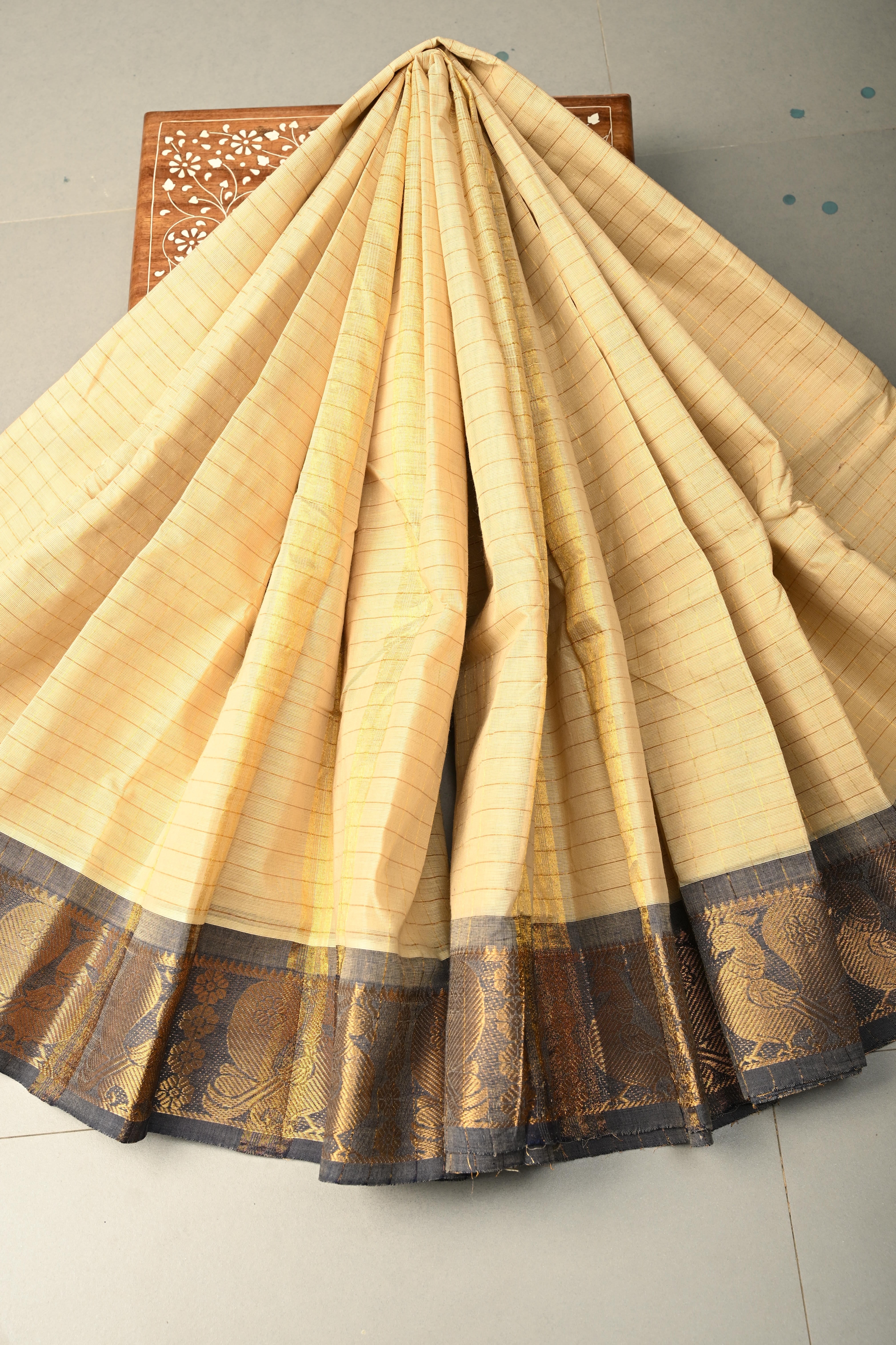 Beige Zari Checks on Chettinad Cotton Saree with Contrast Zari Border, No Blouse Piece | Shobitam
