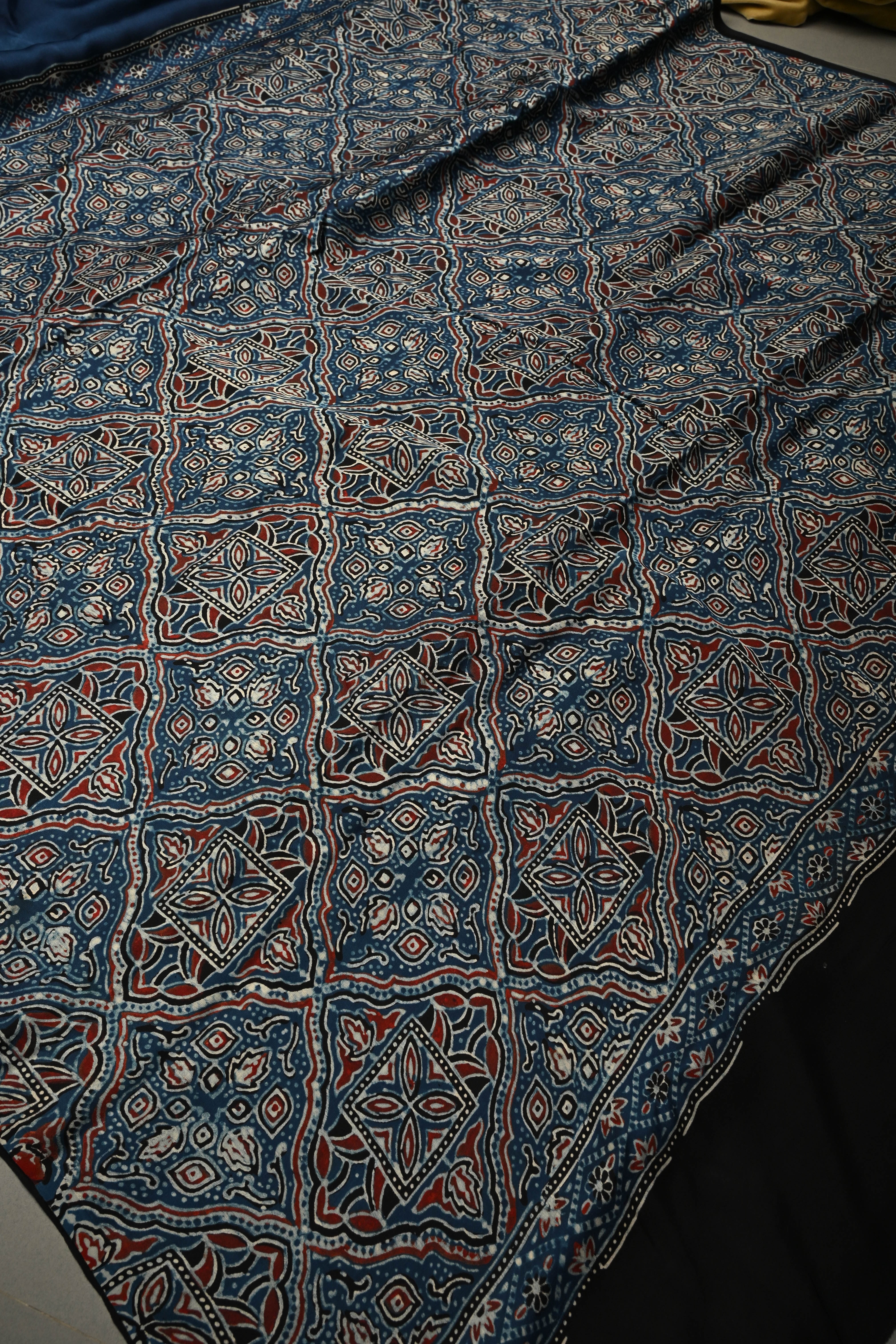 Inigo Modal Silk Saree with Black-White Polka Dots Hand Block Print and Ajrakh Border-Pallu | Shobitam