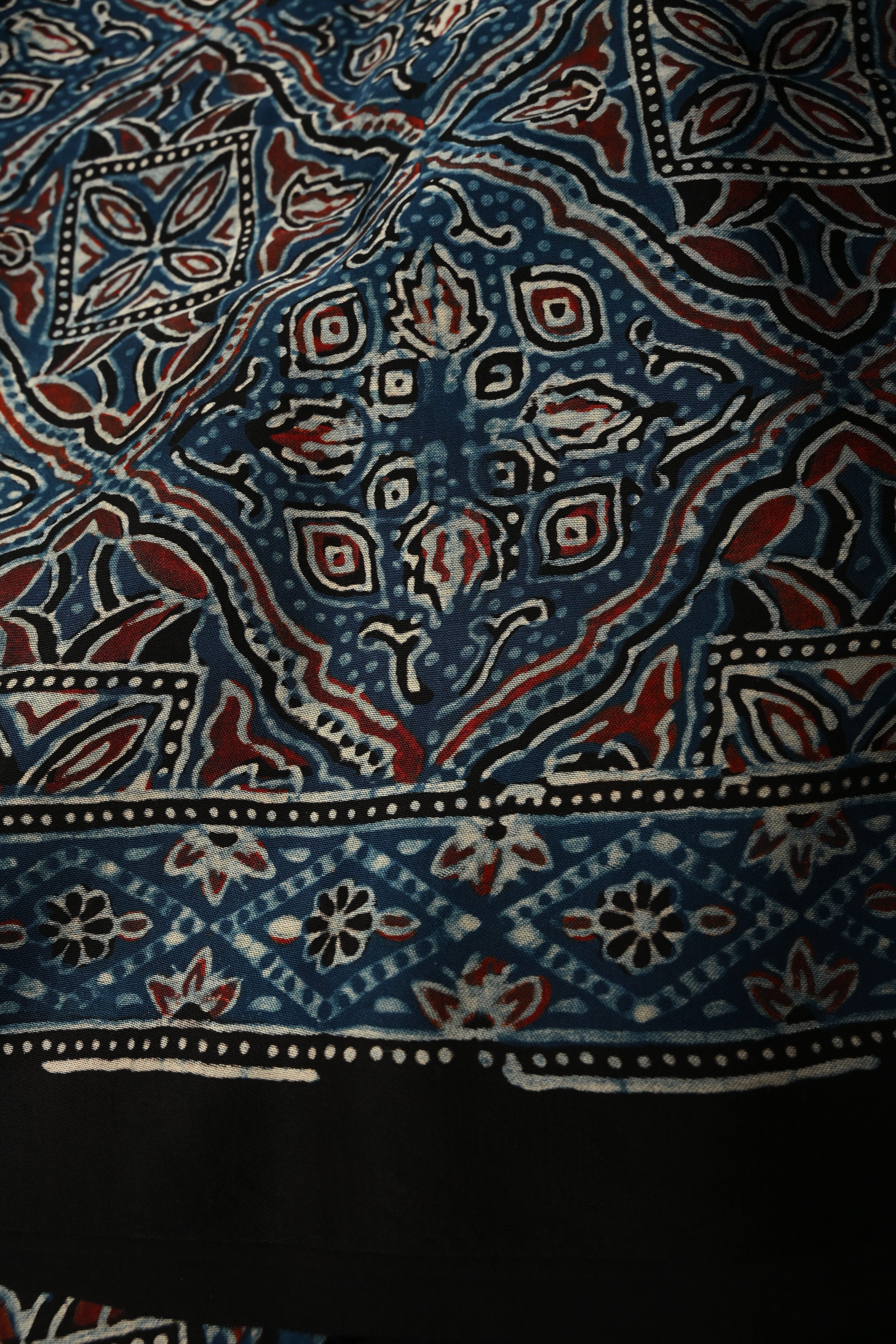 Inigo Modal Silk Saree with Black-White Polka Dots Hand Block Print and Ajrakh Border-Pallu | Shobitam