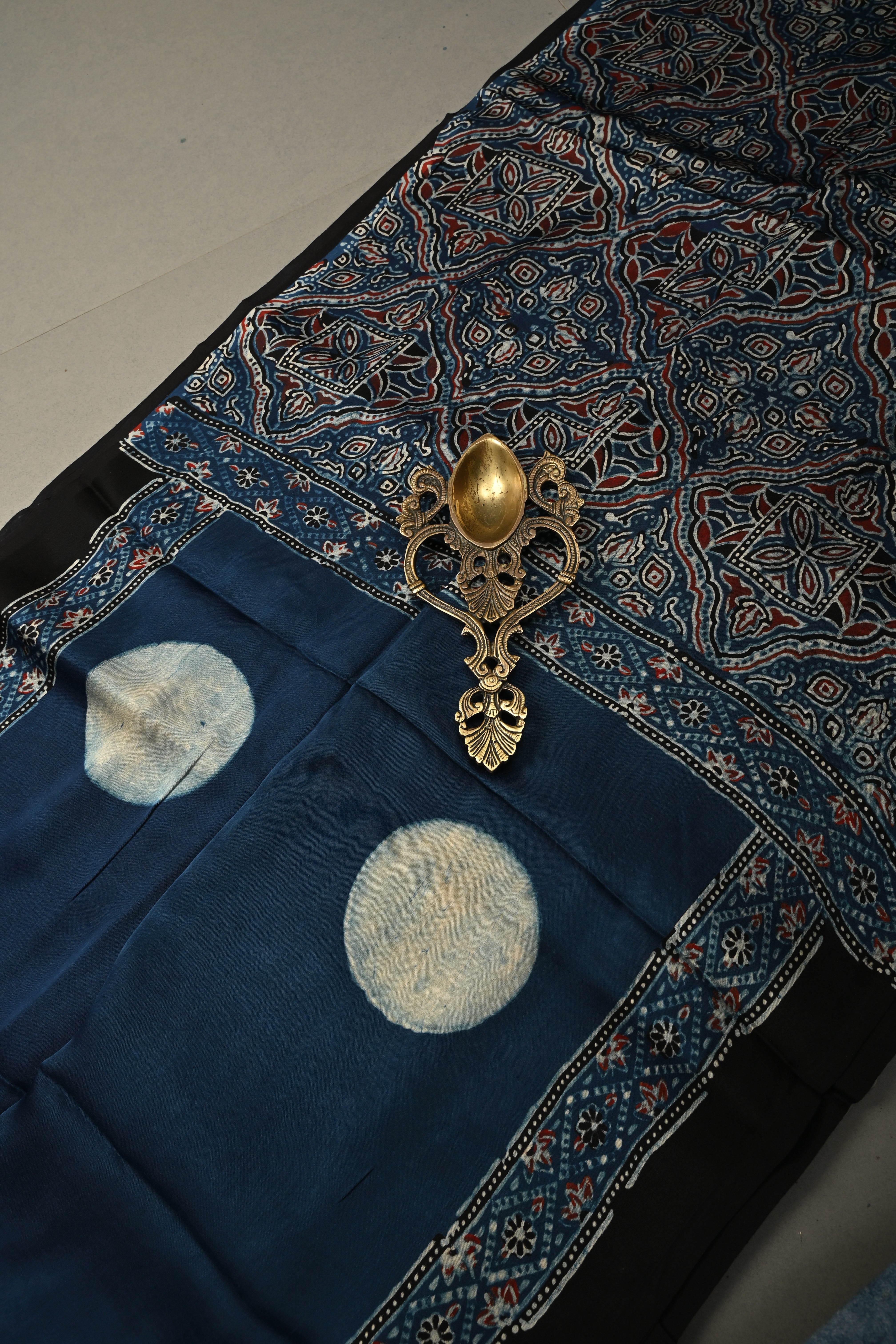 Inigo Modal Silk Saree with Black-White Polka Dots Hand Block Print and Ajrakh Border-Pallu | Shobitam