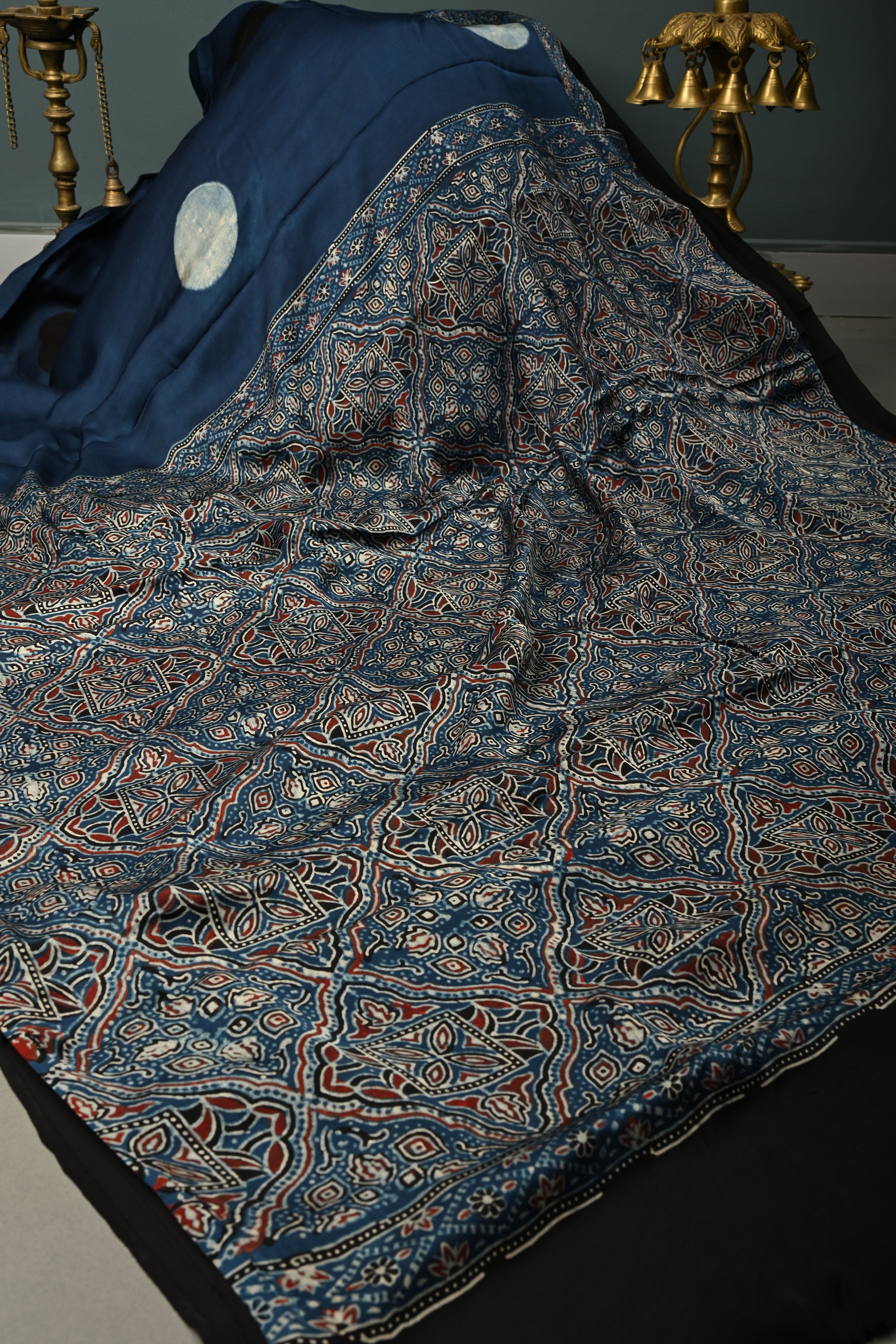 Inigo Modal Silk Saree with Black-White Polka Dots Hand Block Print and Ajrakh Border-Pallu | Shobitam