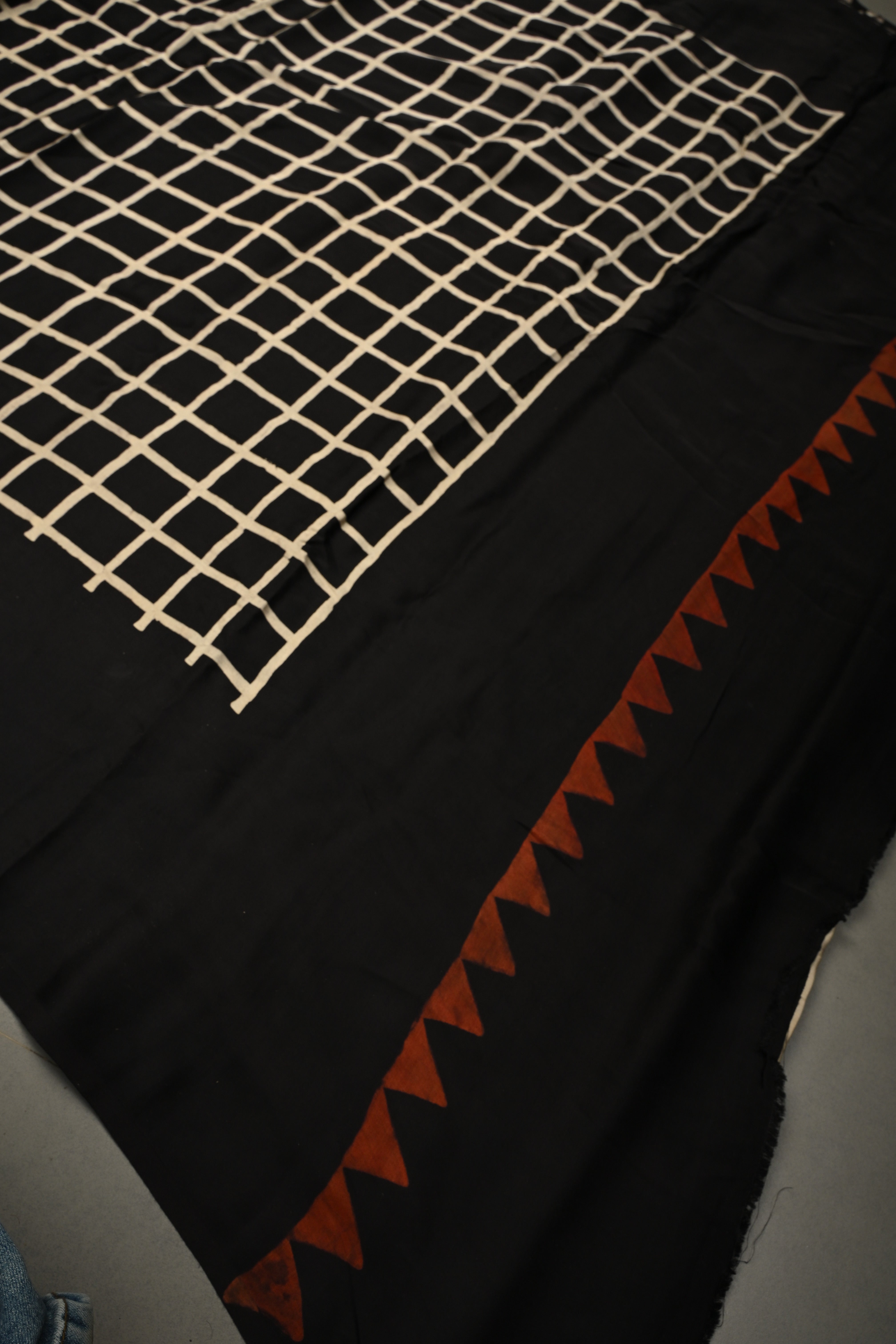 Black-White Borderless Modal Silk Saree with Stripes Hand Block Print and Checks Pattern Pallu | Shobitam