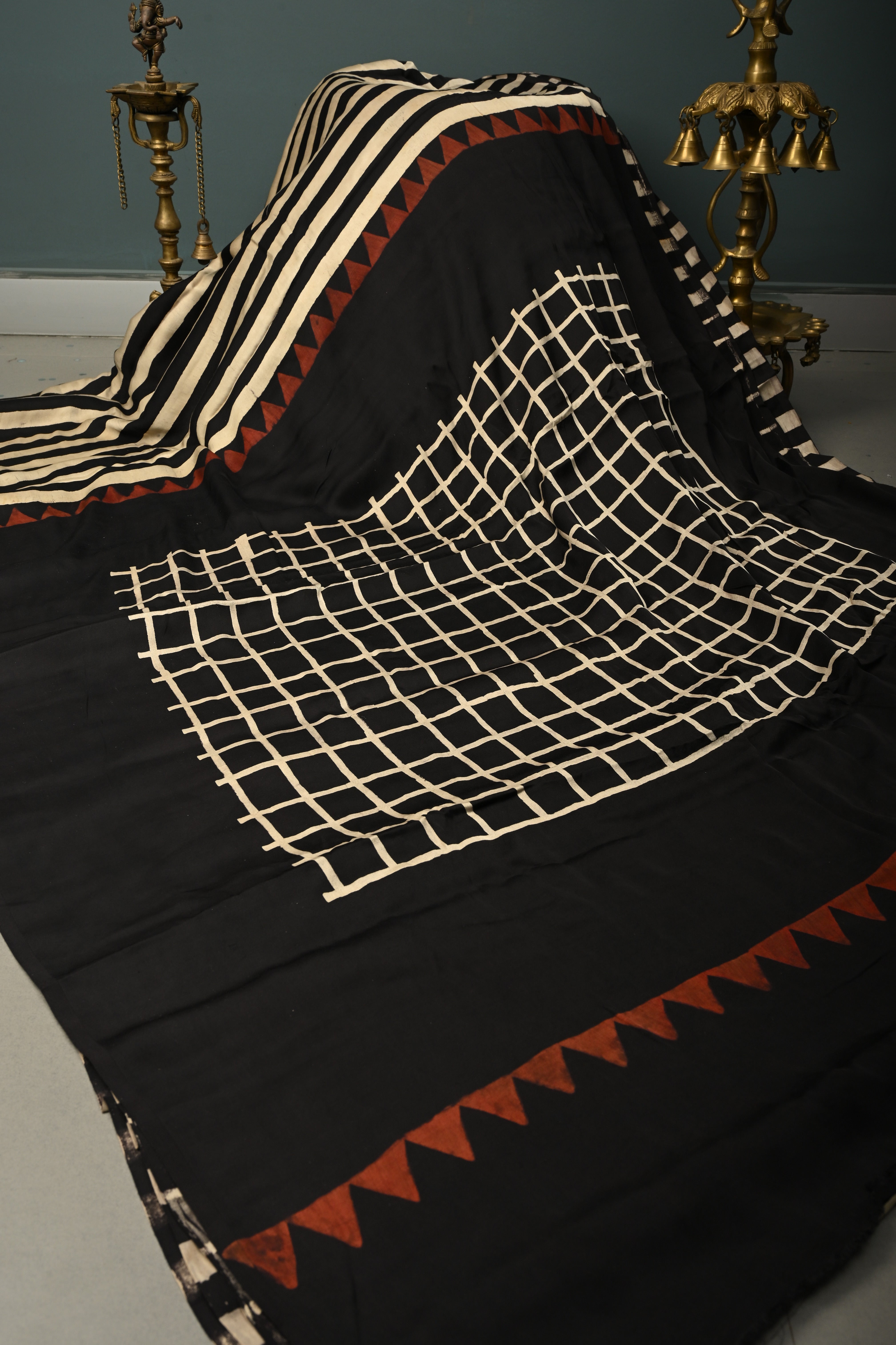 Black-White Borderless Modal Silk Saree with Stripes Hand Block Print and Checks Pattern Pallu | Shobitam