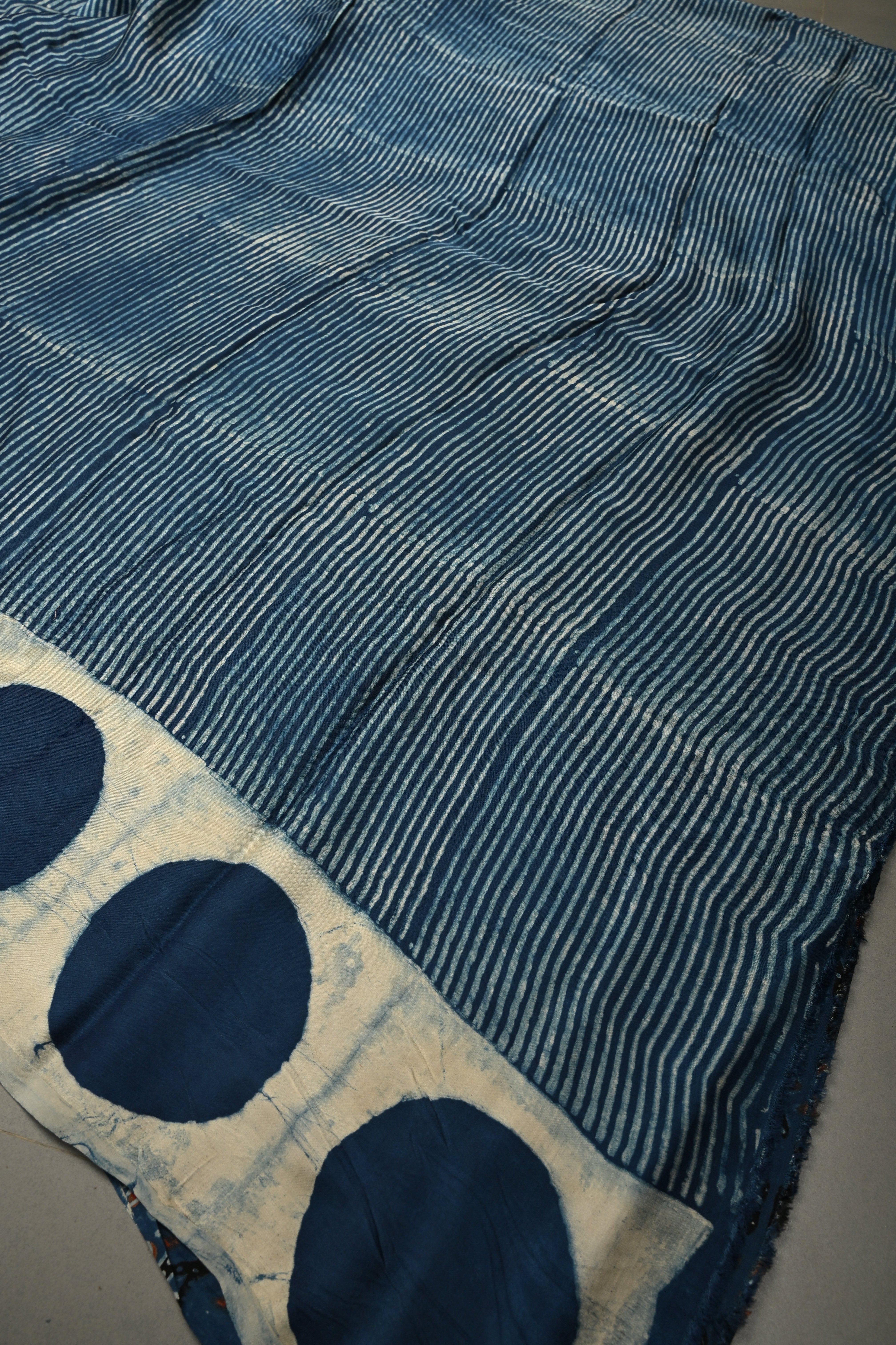 Indigo Modal Silk Saree with Stripes Hand Block Print and Polka Dots Border | Shobitam