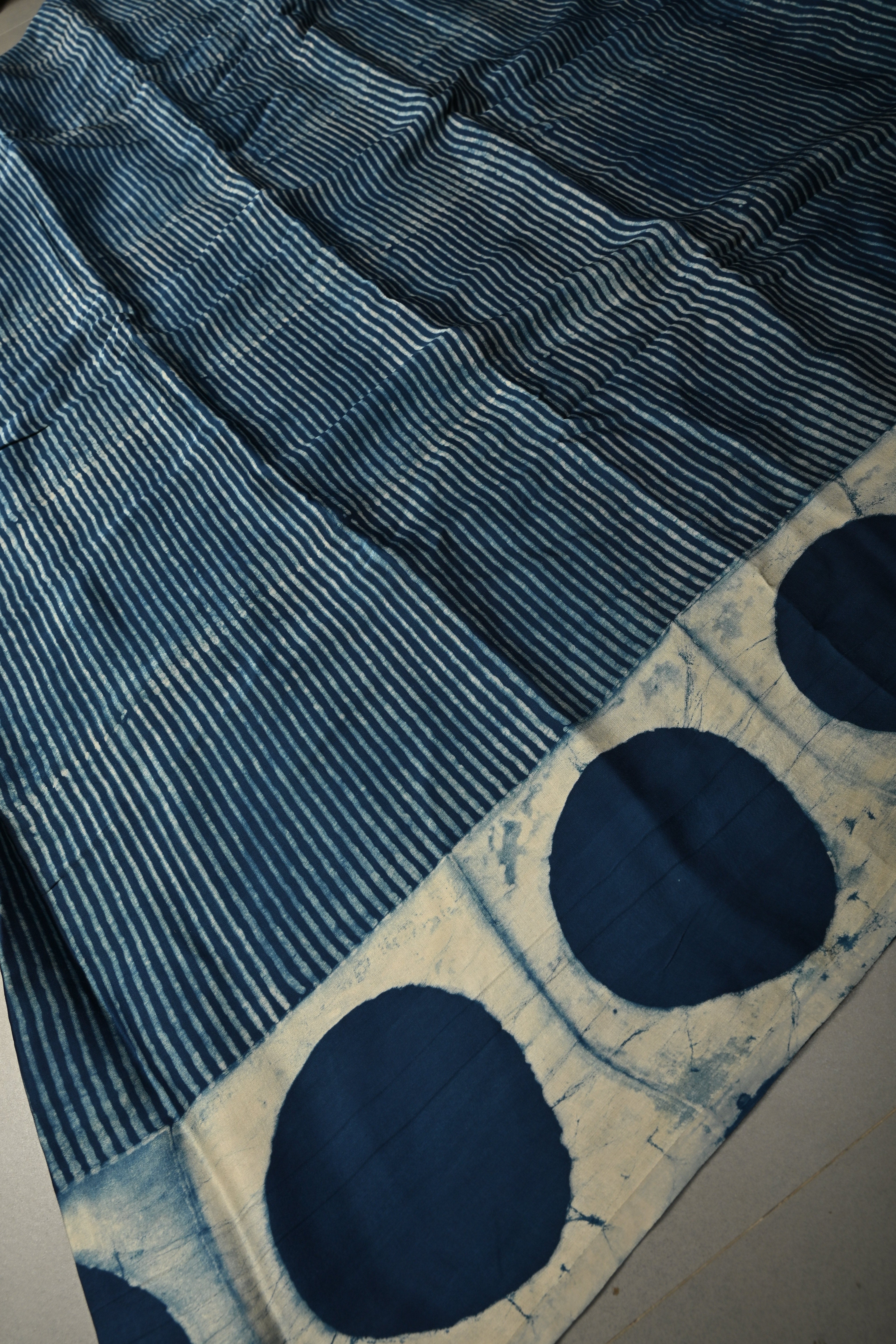Indigo Modal Silk Saree with Stripes Hand Block Print and Polka Dots Border | Shobitam