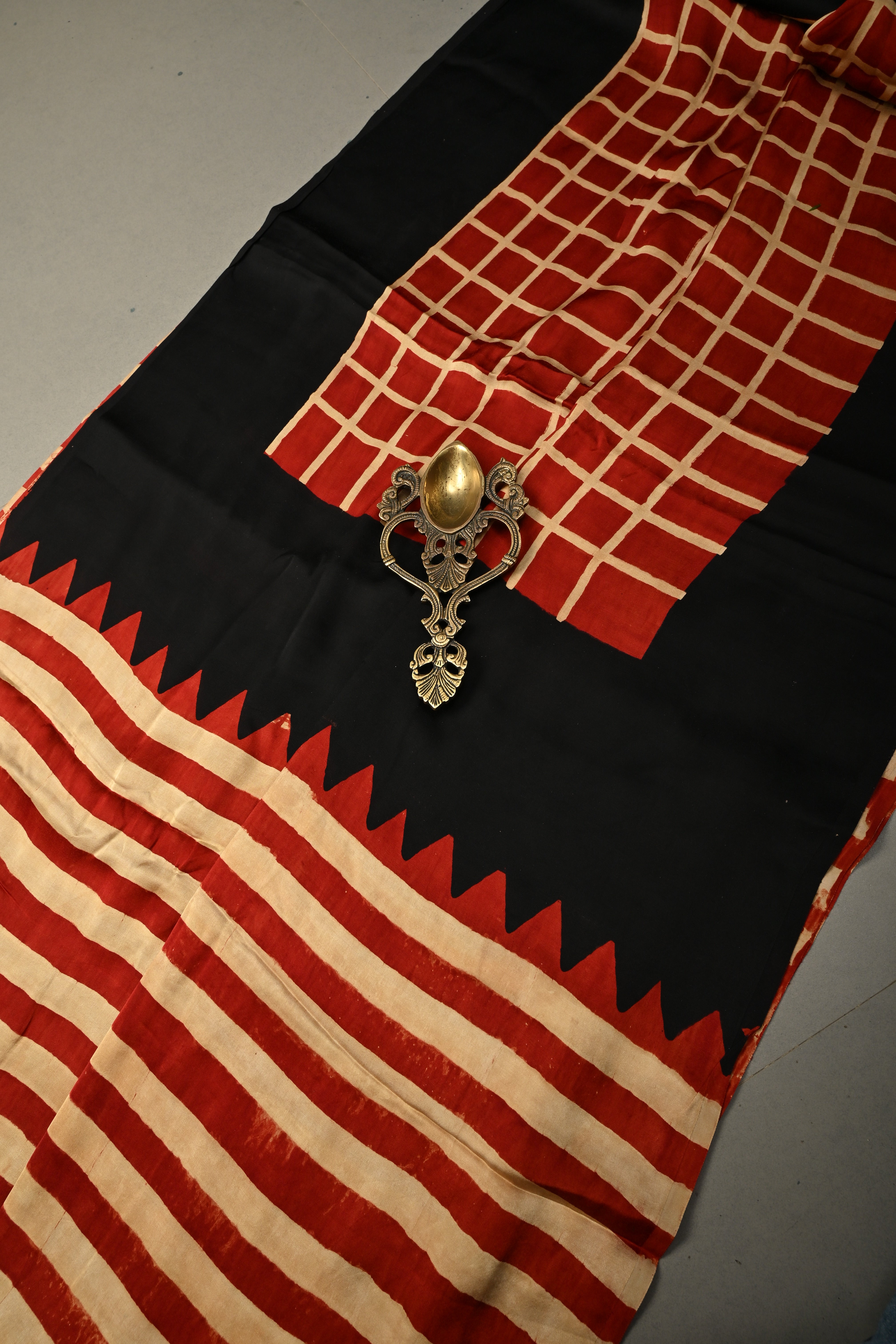 Beige-Red Borderless Modal Silk Saree with Stripes Hand Block Print and Contrast Black Checks Pattern Pallu | Shobitam
