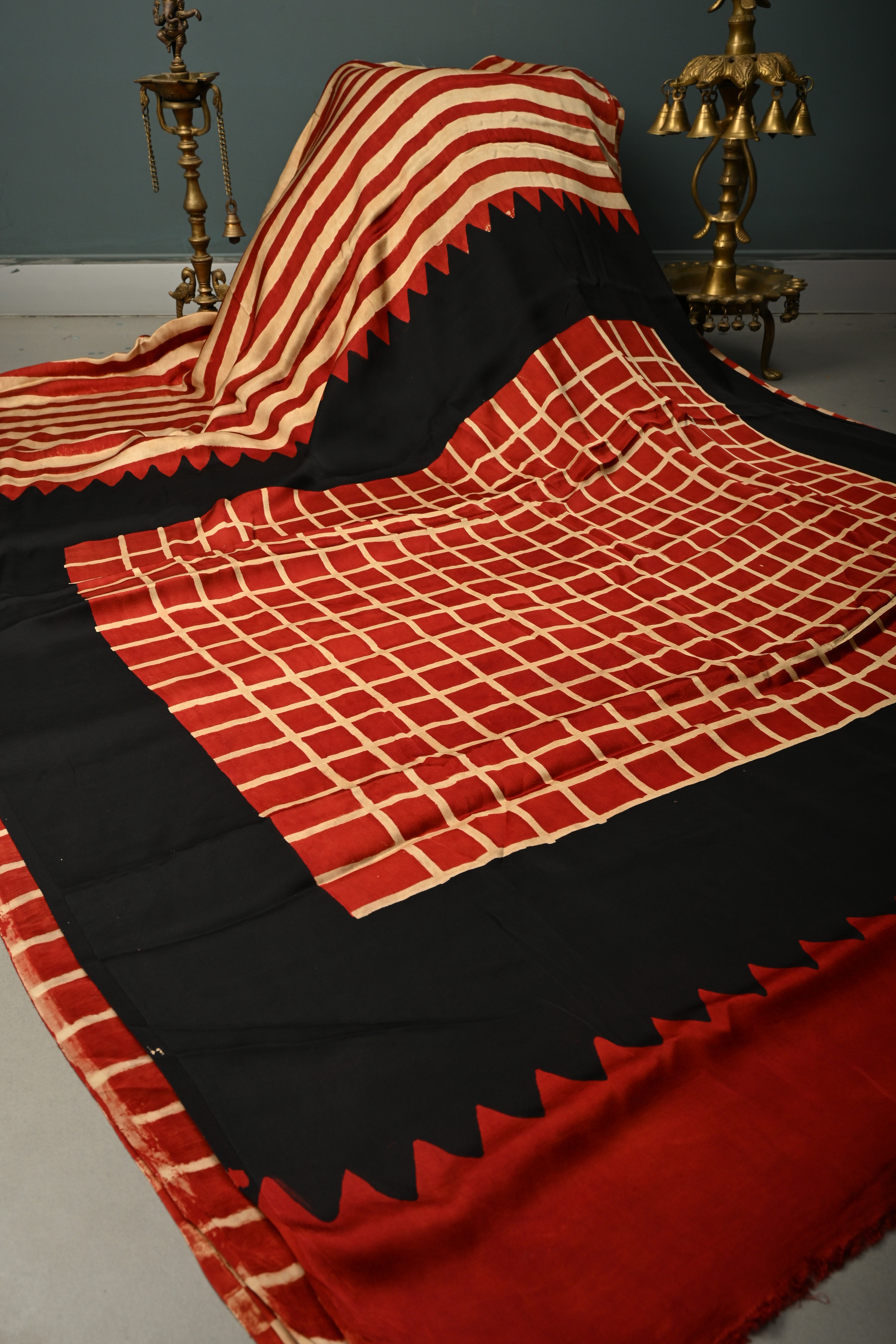 Beige-Red Borderless Modal Silk Saree with Stripes Hand Block Print and Contrast Black Checks Pattern Pallu | Shobitam
