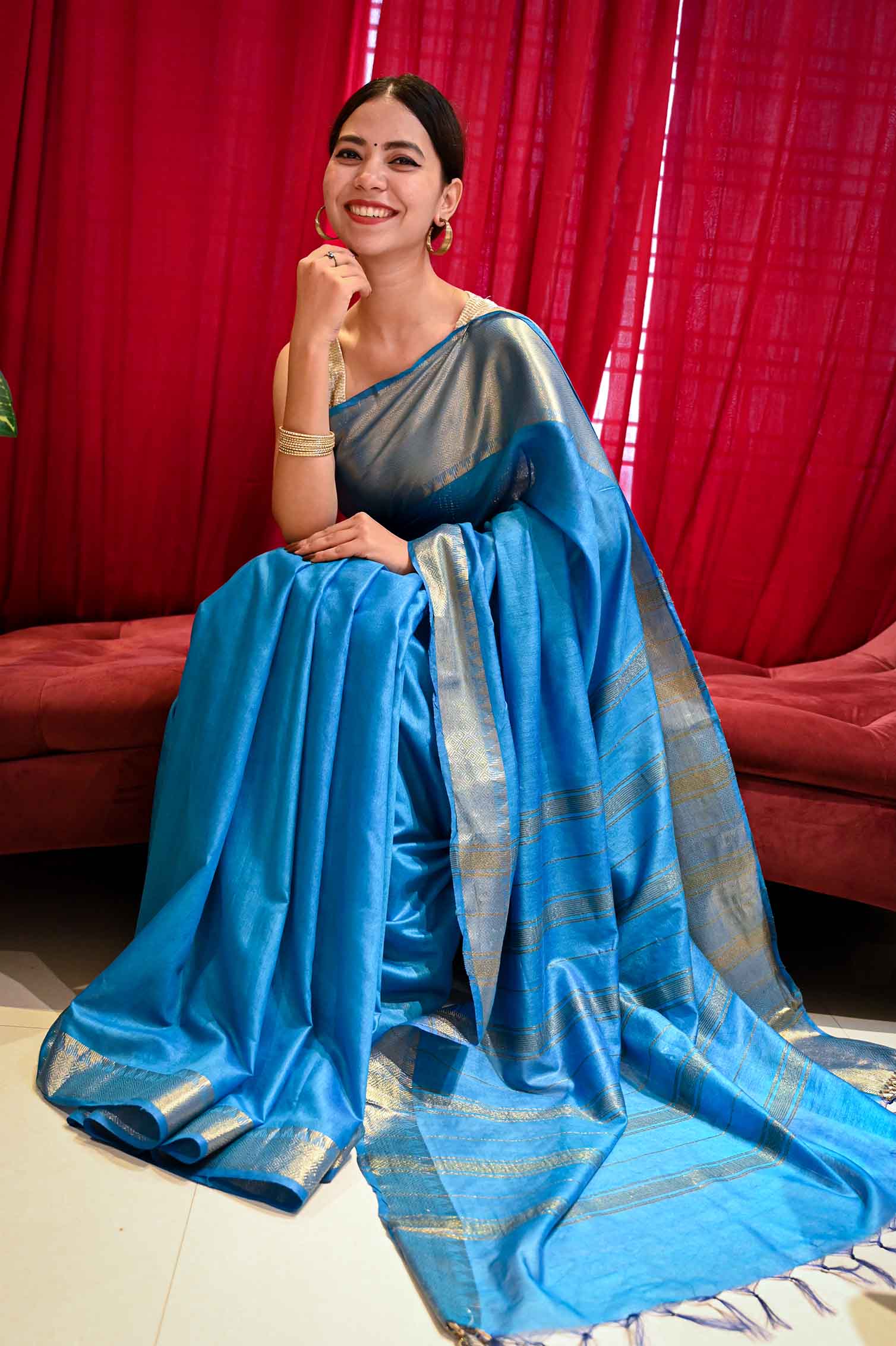 Ready To Wear Ocean Blue Khadi Bhagalpuri silk & Tassel On Pallu Wrap in 1 minute saree - Isadora Life