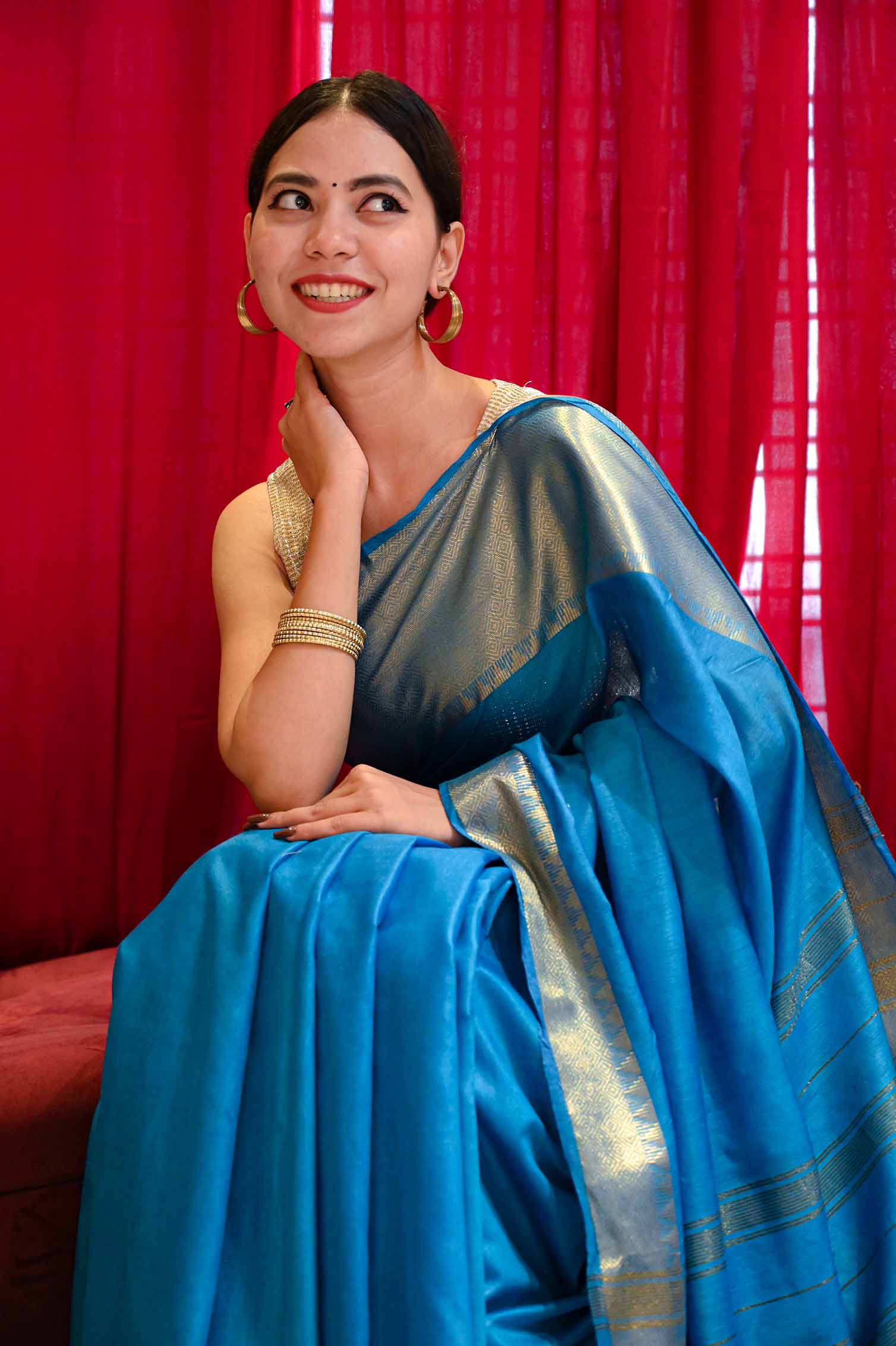 Ready To Wear Ocean Blue Khadi Bhagalpuri silk & Tassel On Pallu Wrap in 1 minute saree - Isadora Life