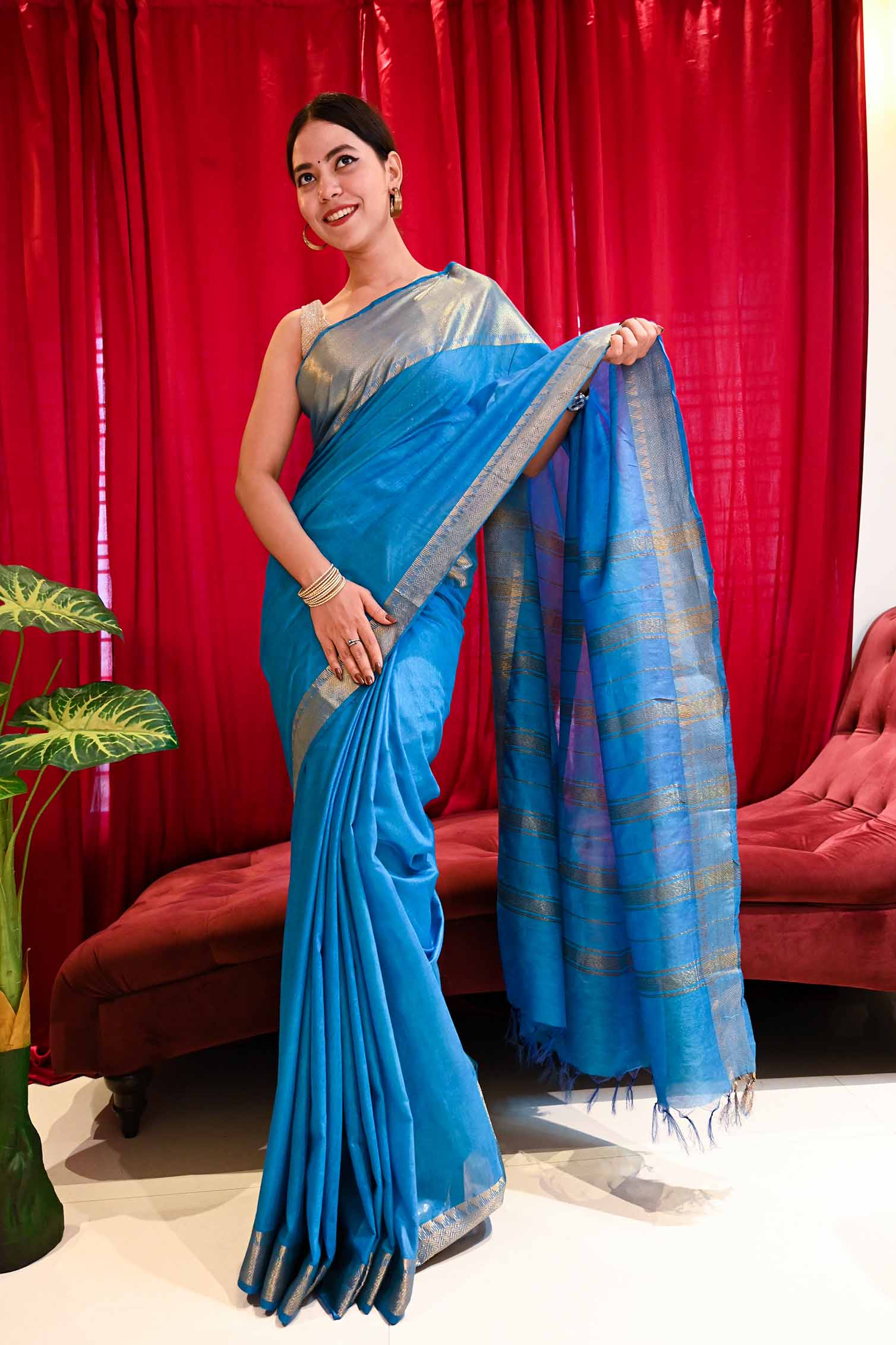 Ready To Wear Ocean Blue Khadi Bhagalpuri silk & Tassel On Pallu Wrap in 1 minute saree - Isadora Life