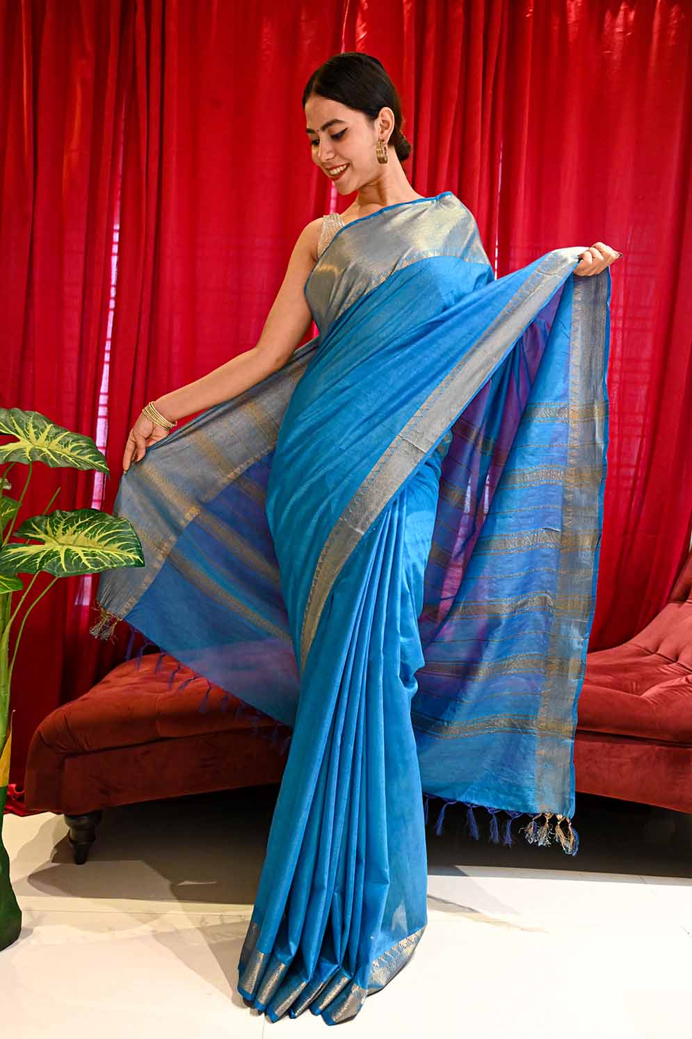 Ready To Wear Ocean Blue Khadi Bhagalpuri silk & Tassel On Pallu Wrap in 1 minute saree - Isadora Life