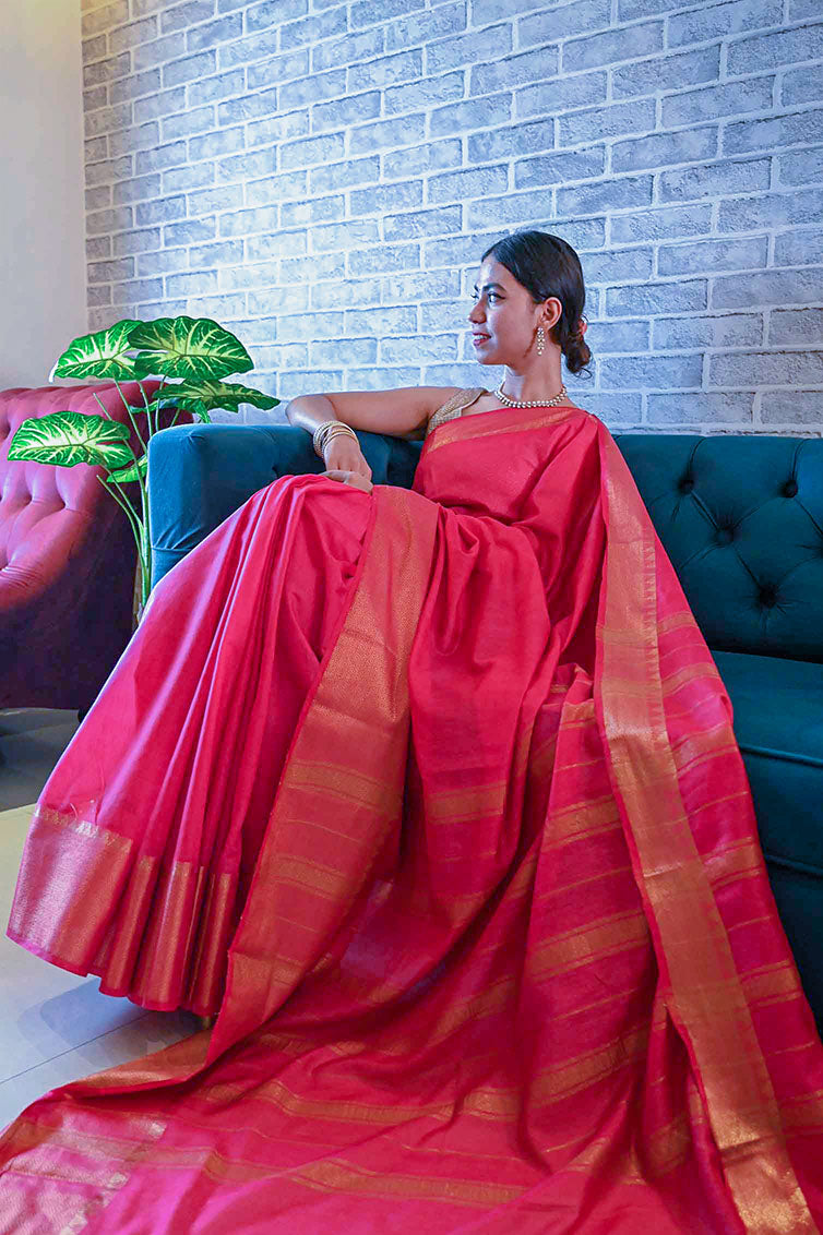 Ready To Wear Red south cotton silk With Zari Temple Border Wrap in 1 minute saree - Isadora Life