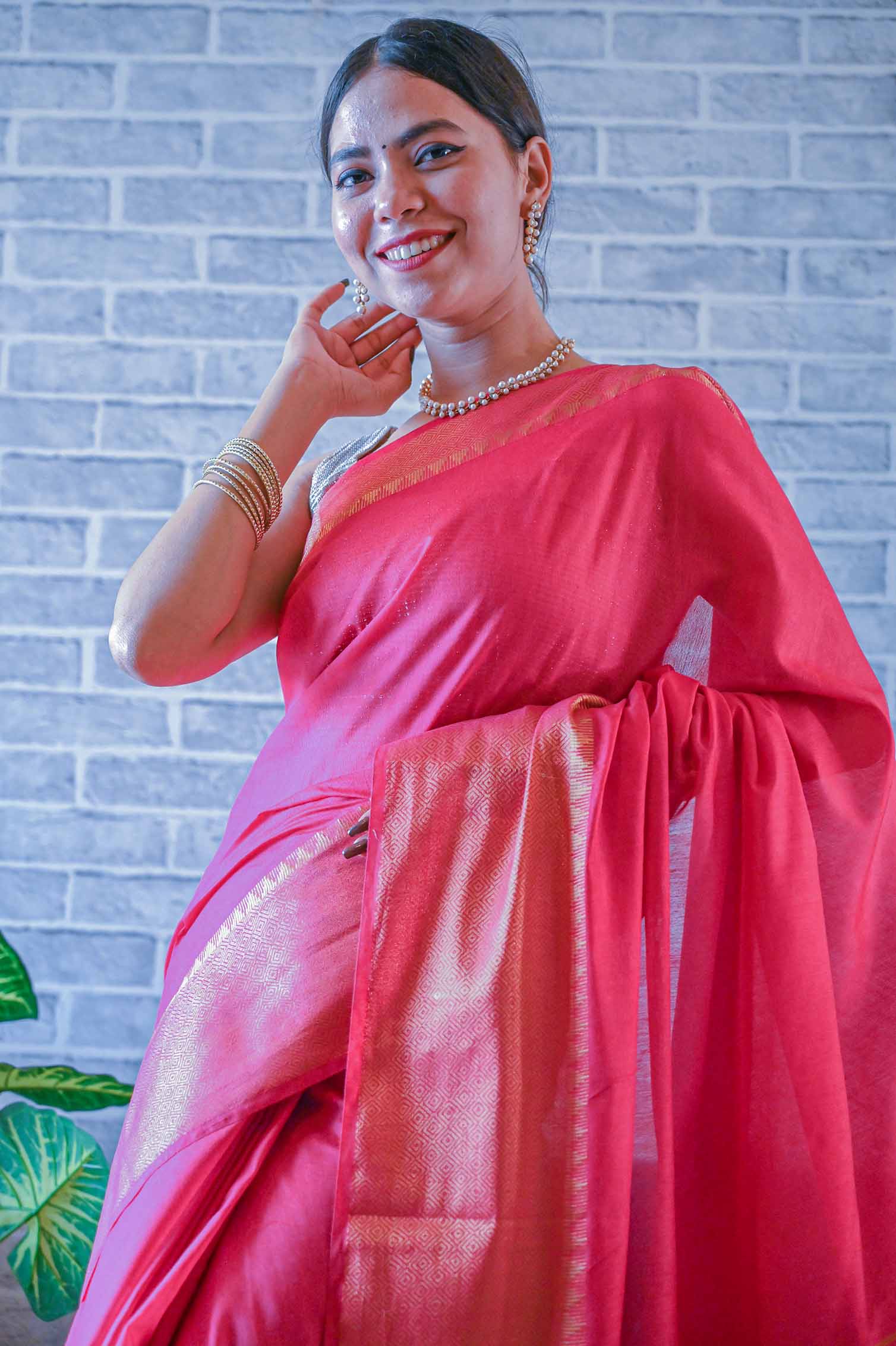 Ready To Wear Red south cotton silk With Zari Temple Border Wrap in 1 minute saree - Isadora Life