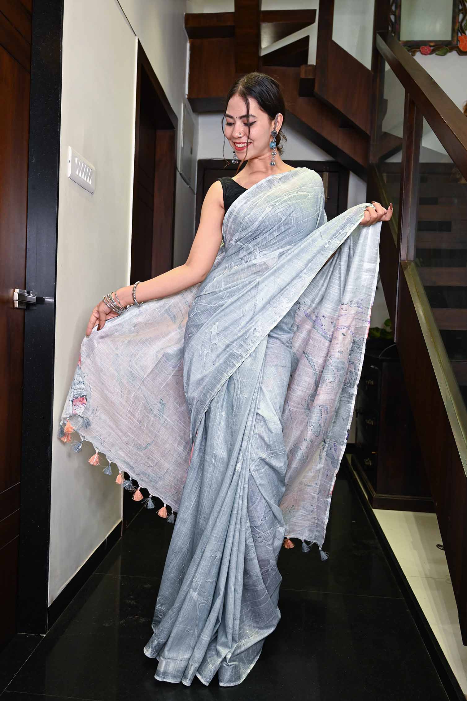 Ready To Wear Ravishing Grey with Marble Printed Pallu Wrap in 1 minute saree - Isadora Life