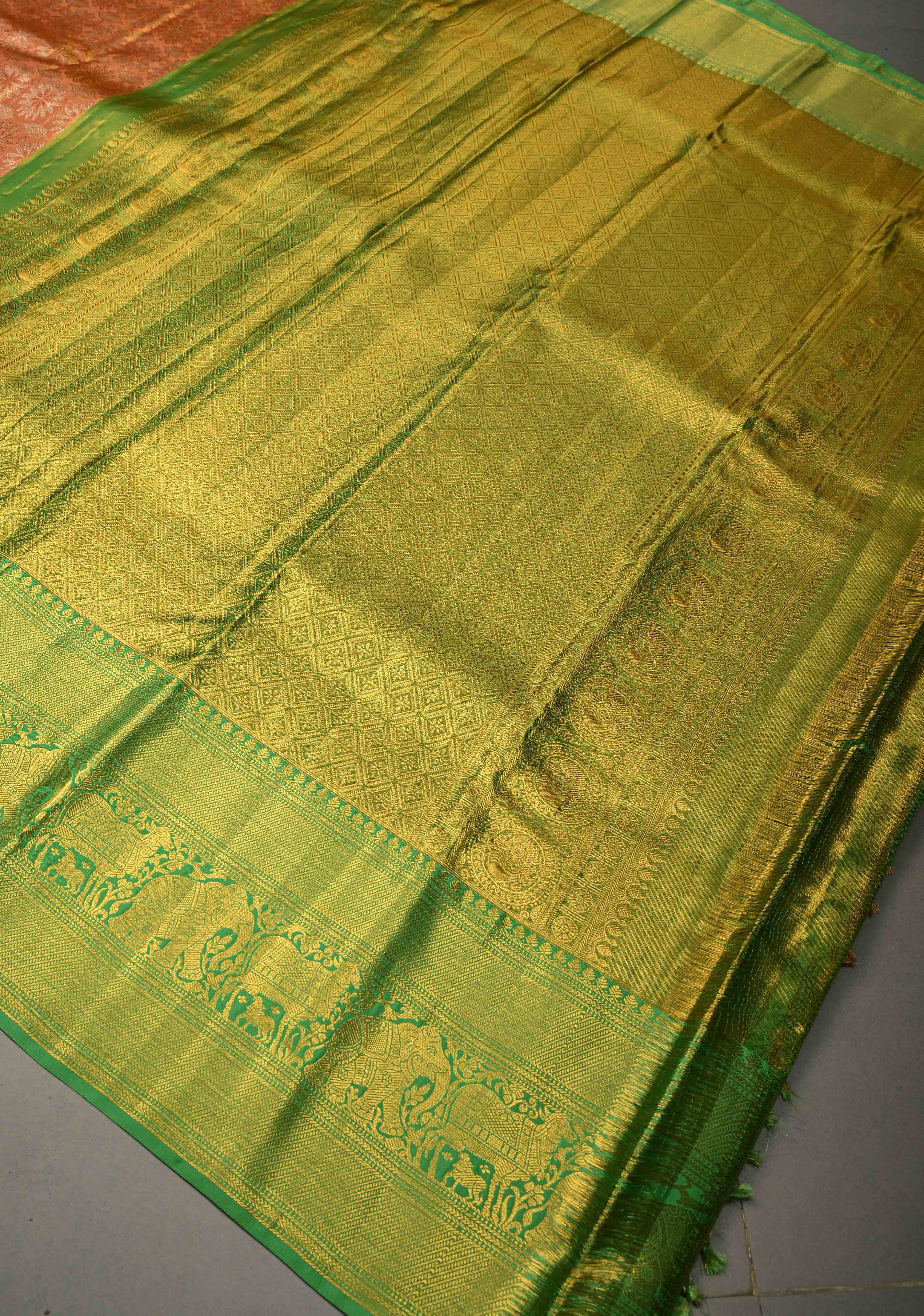 Peach Kanjivaram Tissue Semi Silk Saree with Meenakari Floral Brocade Jaal and Contrast Zari Border | Shobitam