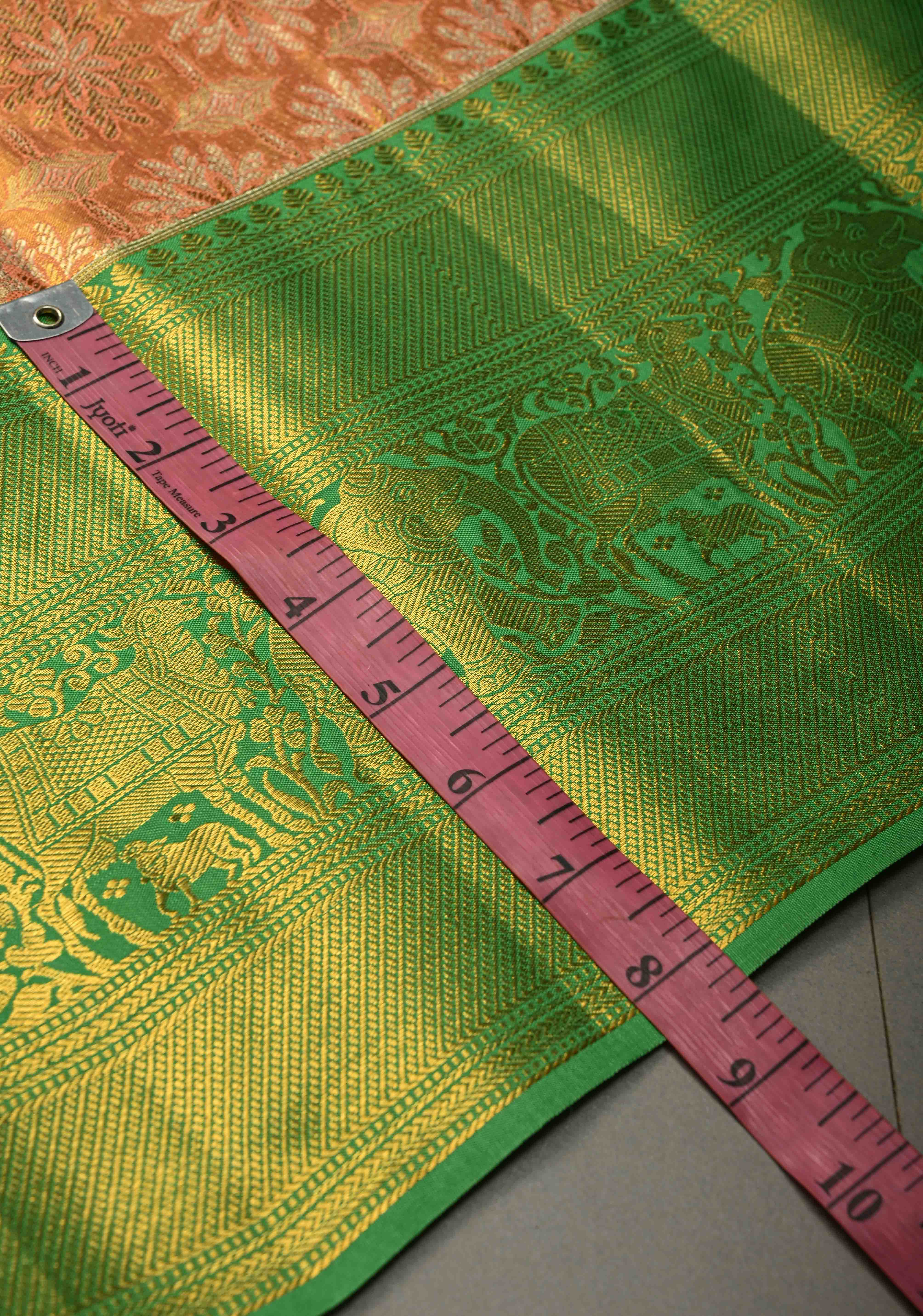 Peach Kanjivaram Tissue Semi Silk Saree with Meenakari Floral Brocade Jaal and Contrast Zari Border | Shobitam