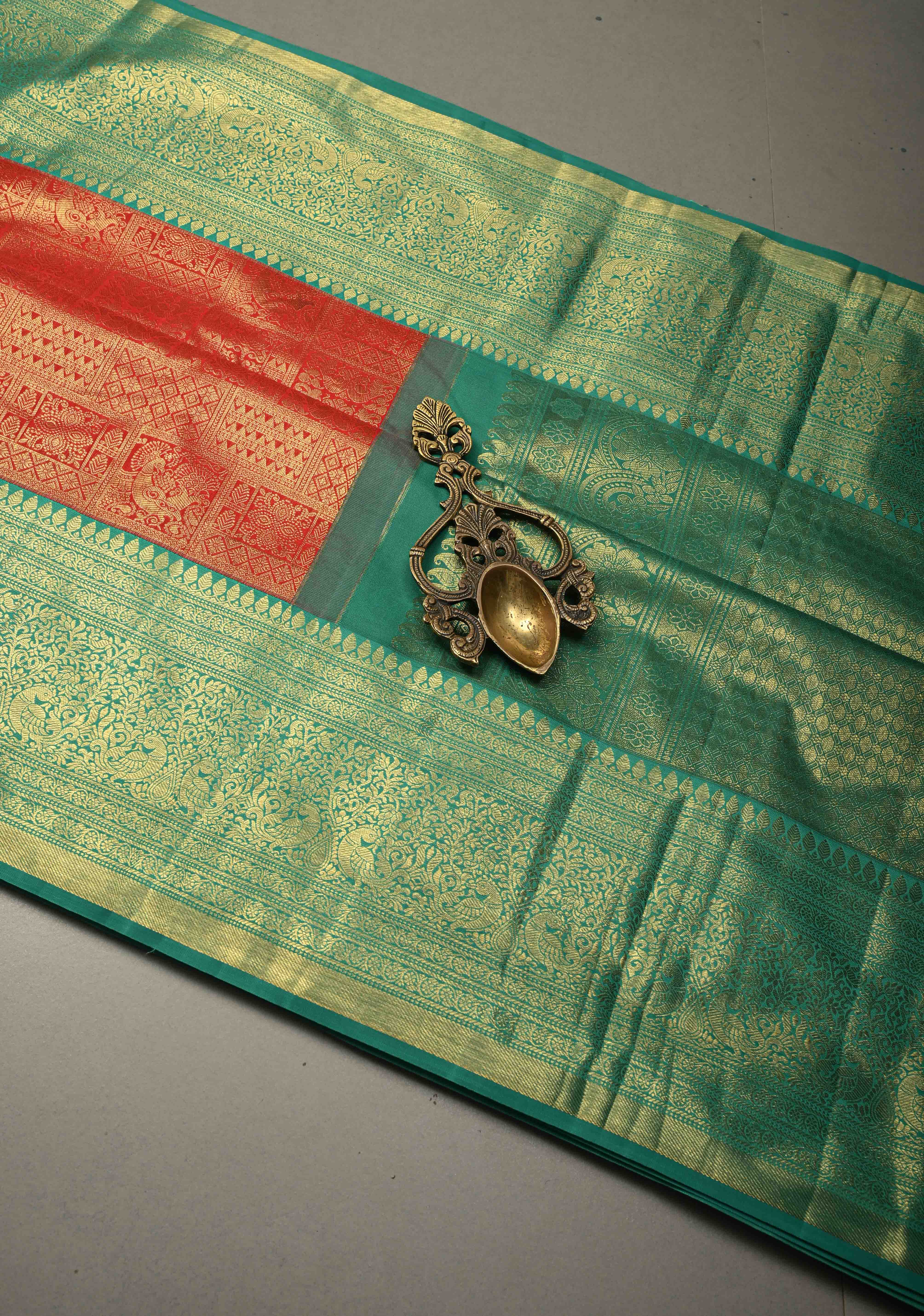 Blood Red Kanjivaram Semi Silk Saree with Zari Brocade and Contrast Zari Border | Shobitam