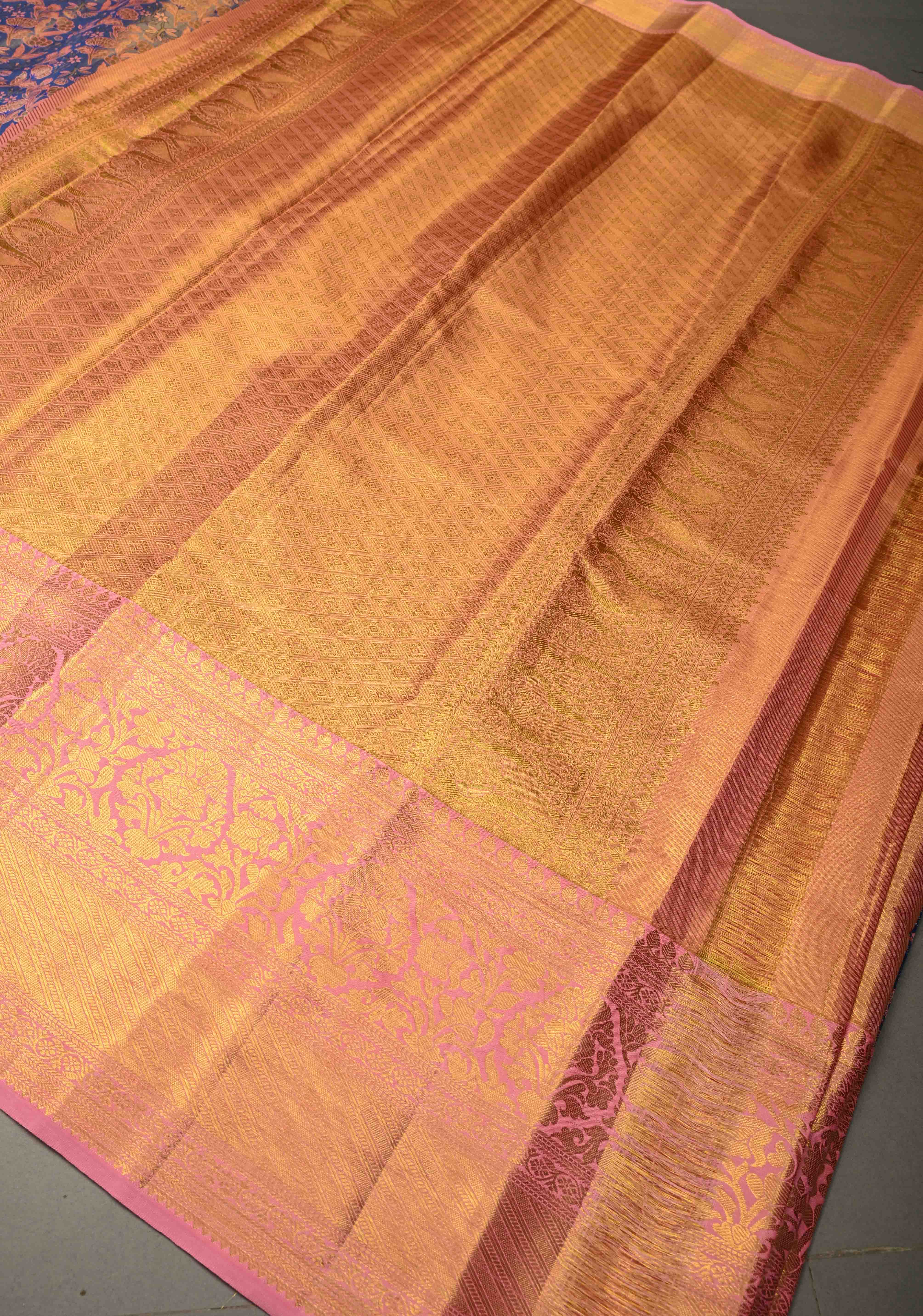 Light Blue Kanjivaram Tissue Semi Silk Saree with Meenakari Floral Brocade Jaal and Contrast Zari Border | Shobitam