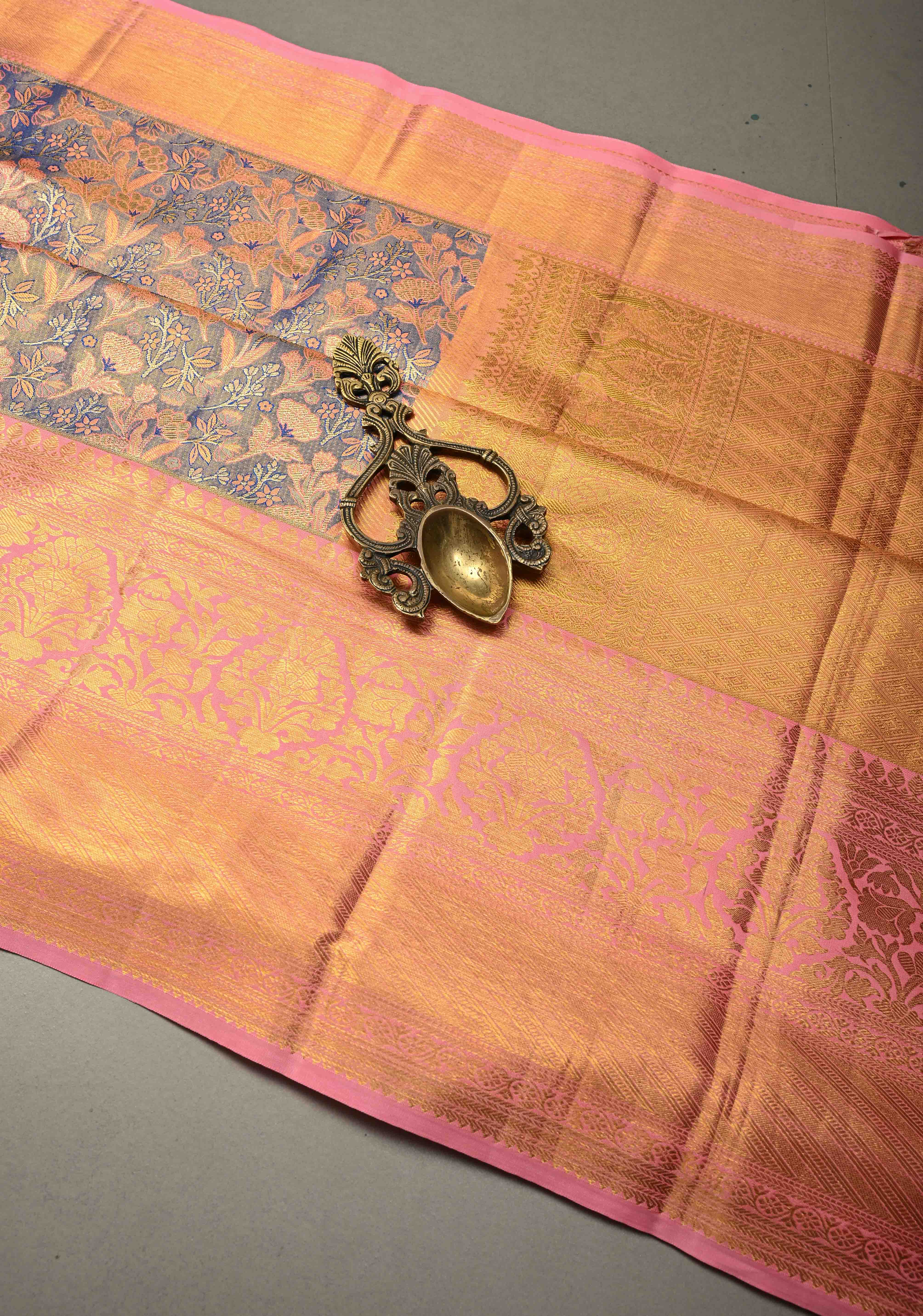Light Blue Kanjivaram Tissue Semi Silk Saree with Meenakari Floral Brocade Jaal and Contrast Zari Border | Shobitam