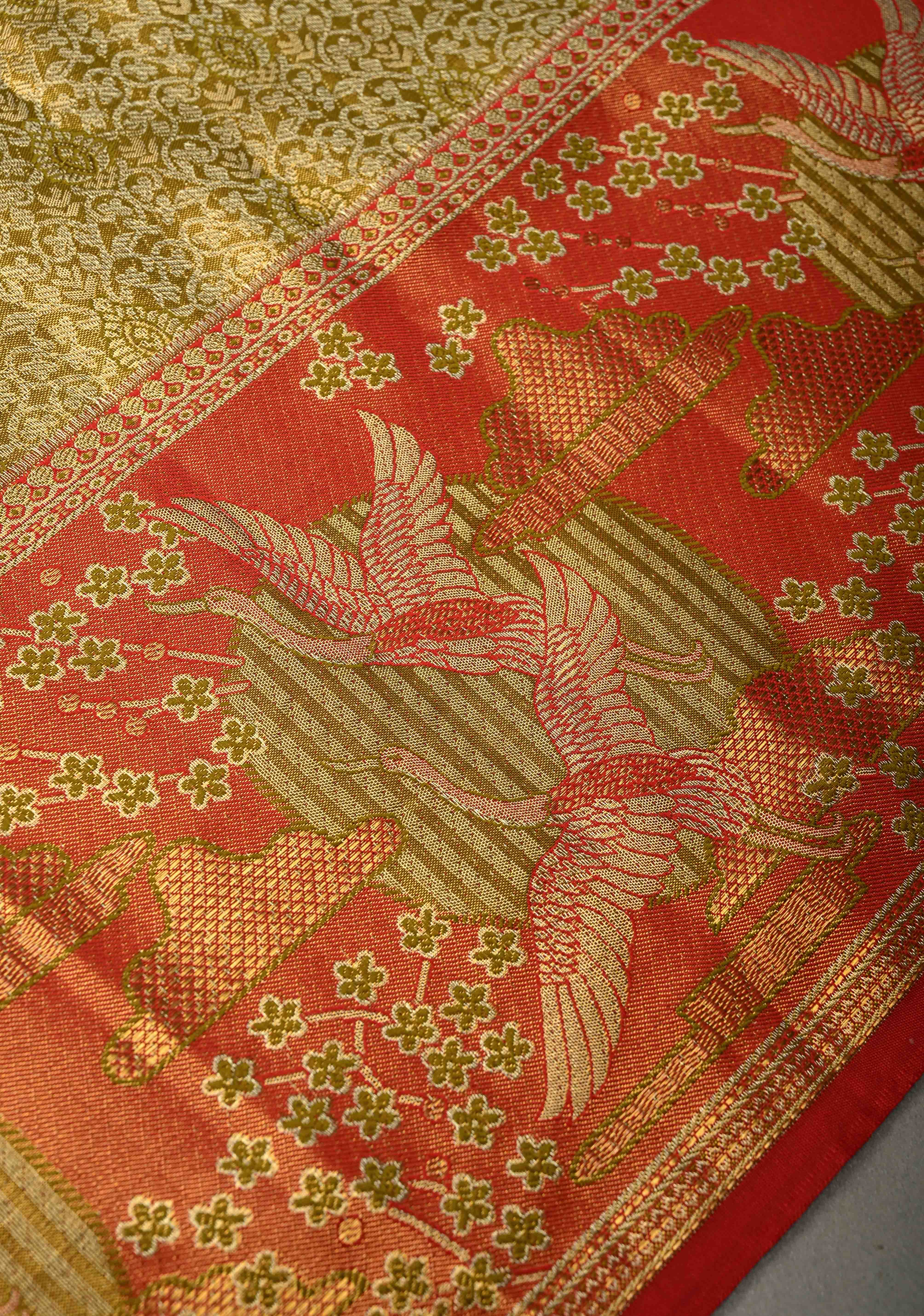 Ollive Green Kanjivaram Tissue Semi Silk Saree with Meenakari Floral Brocade Jaal and Contrast Zari Border | Shobitam