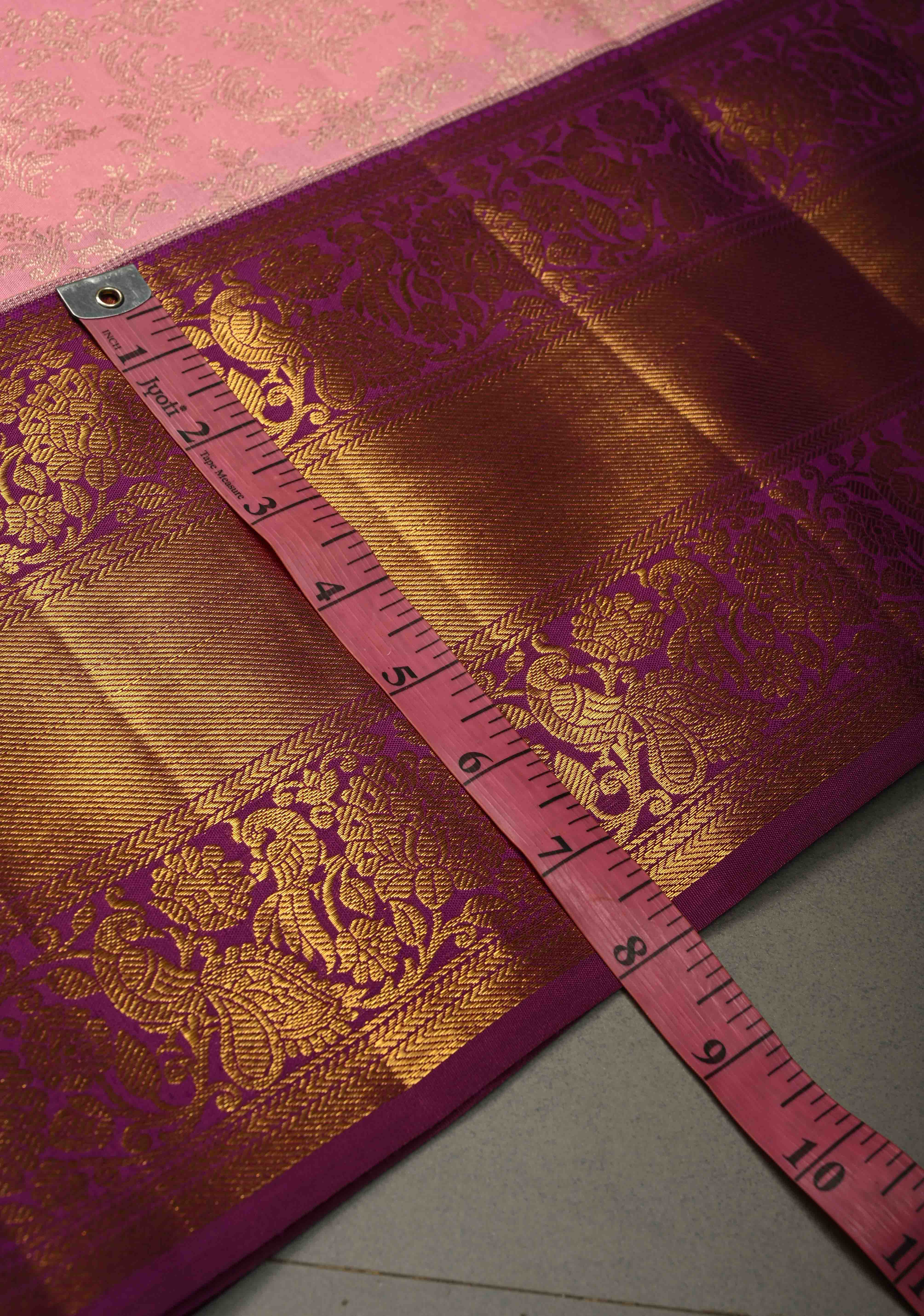 Rose Pink Kanjivaram Semi Silk Saree with Floral Zari Brocade Jaal and Contrast Zari Border | Shobitam