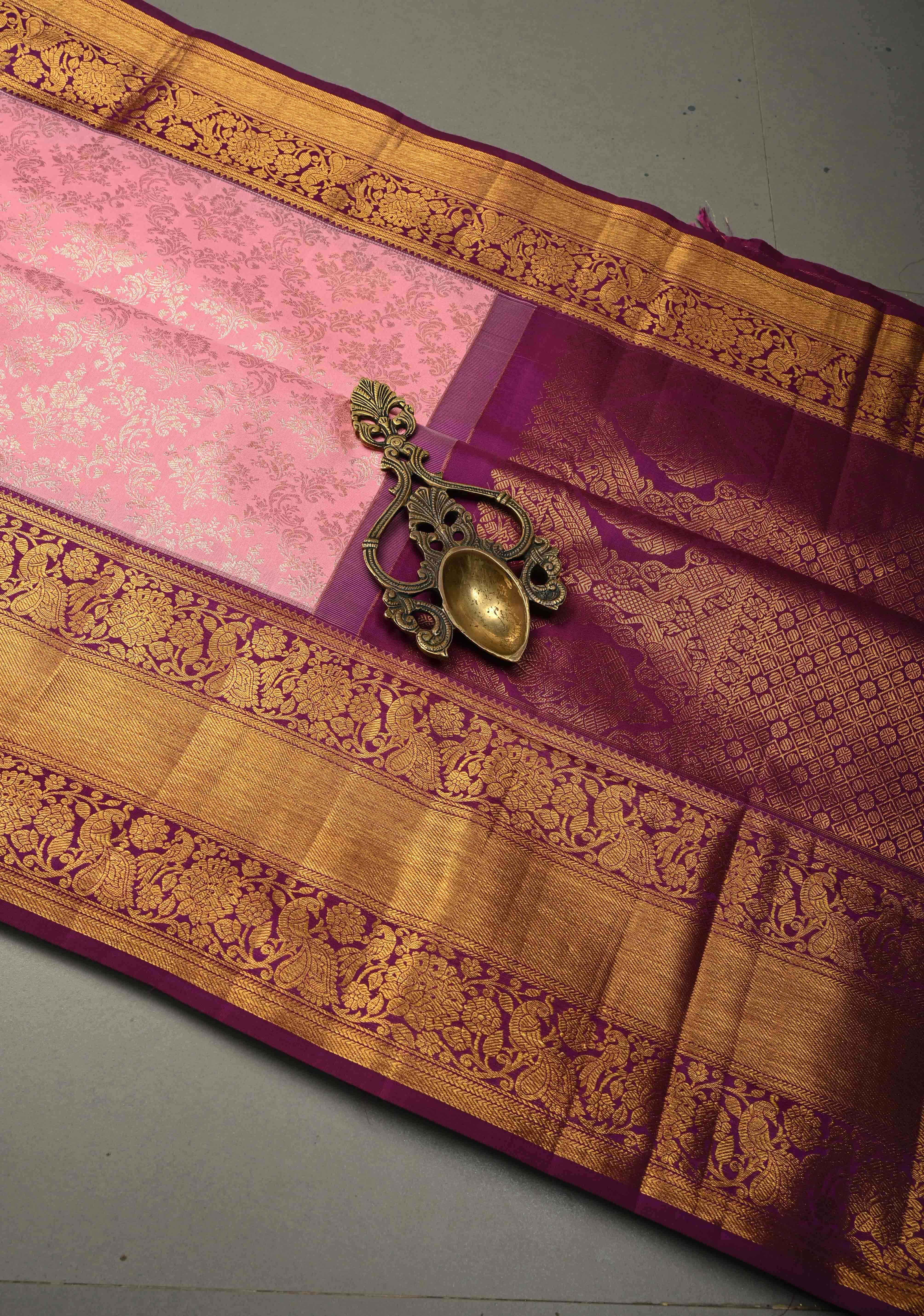 Rose Pink Kanjivaram Semi Silk Saree with Floral Zari Brocade Jaal and Contrast Zari Border | Shobitam