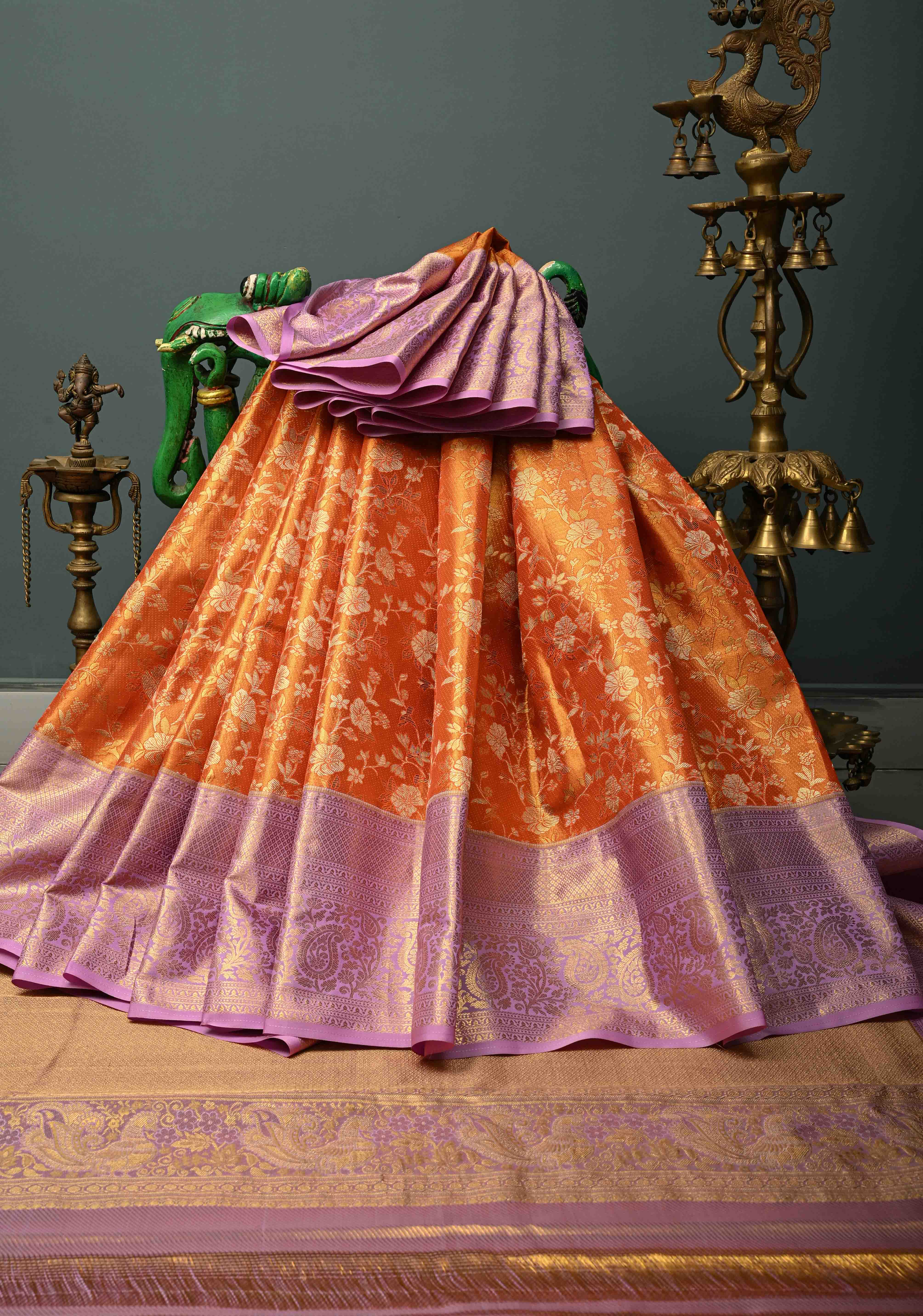 Orange Kanjivaram Tissue Semi Silk Saree with Meenakari Floral Brocade Jaal and Contrast Zari Border | Shobitam