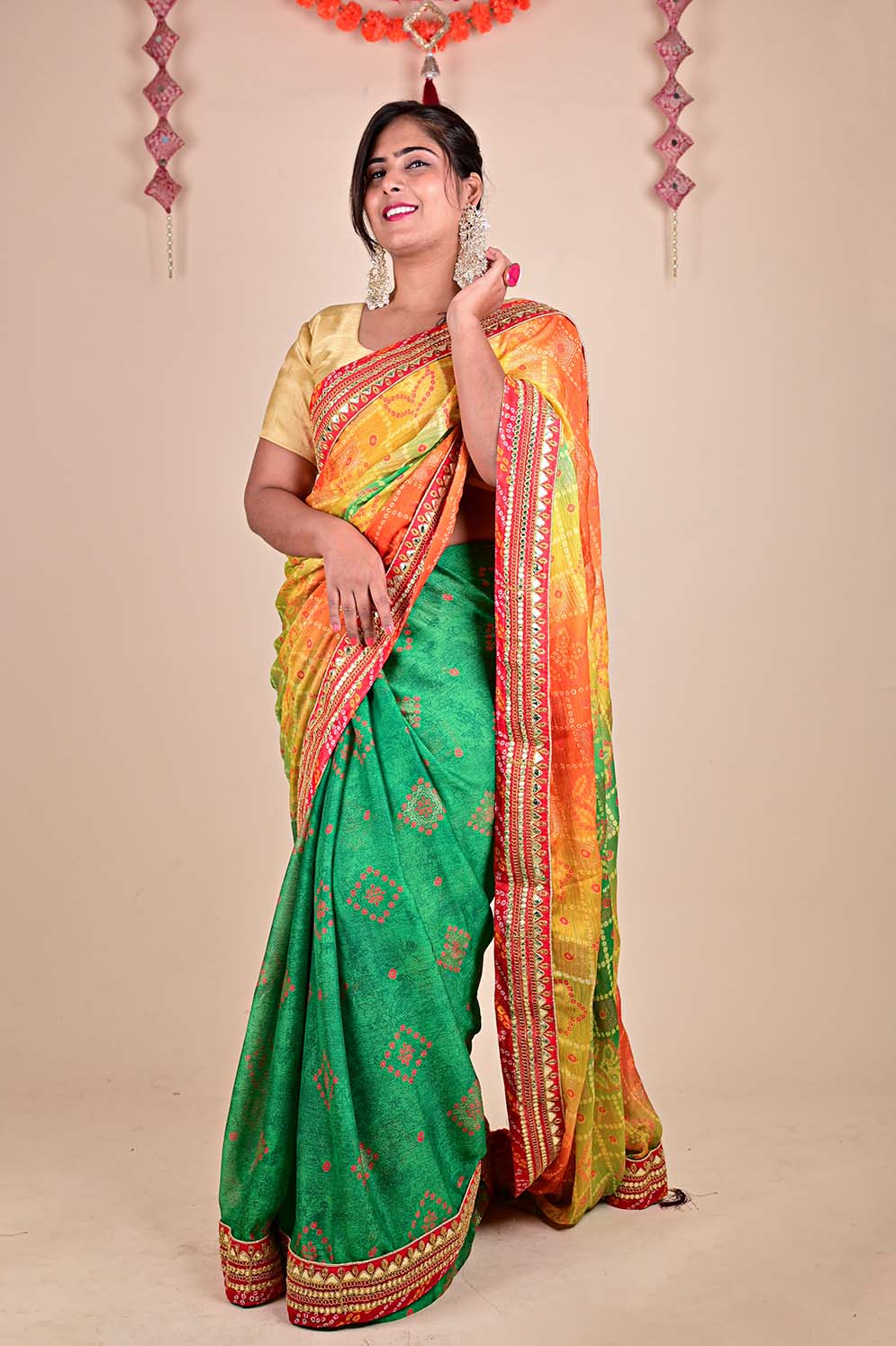 Prepossessing Green Bandhej With Gota Patti Border Wrap In One Minute Saree With Readymade Blouse - Isadora Life