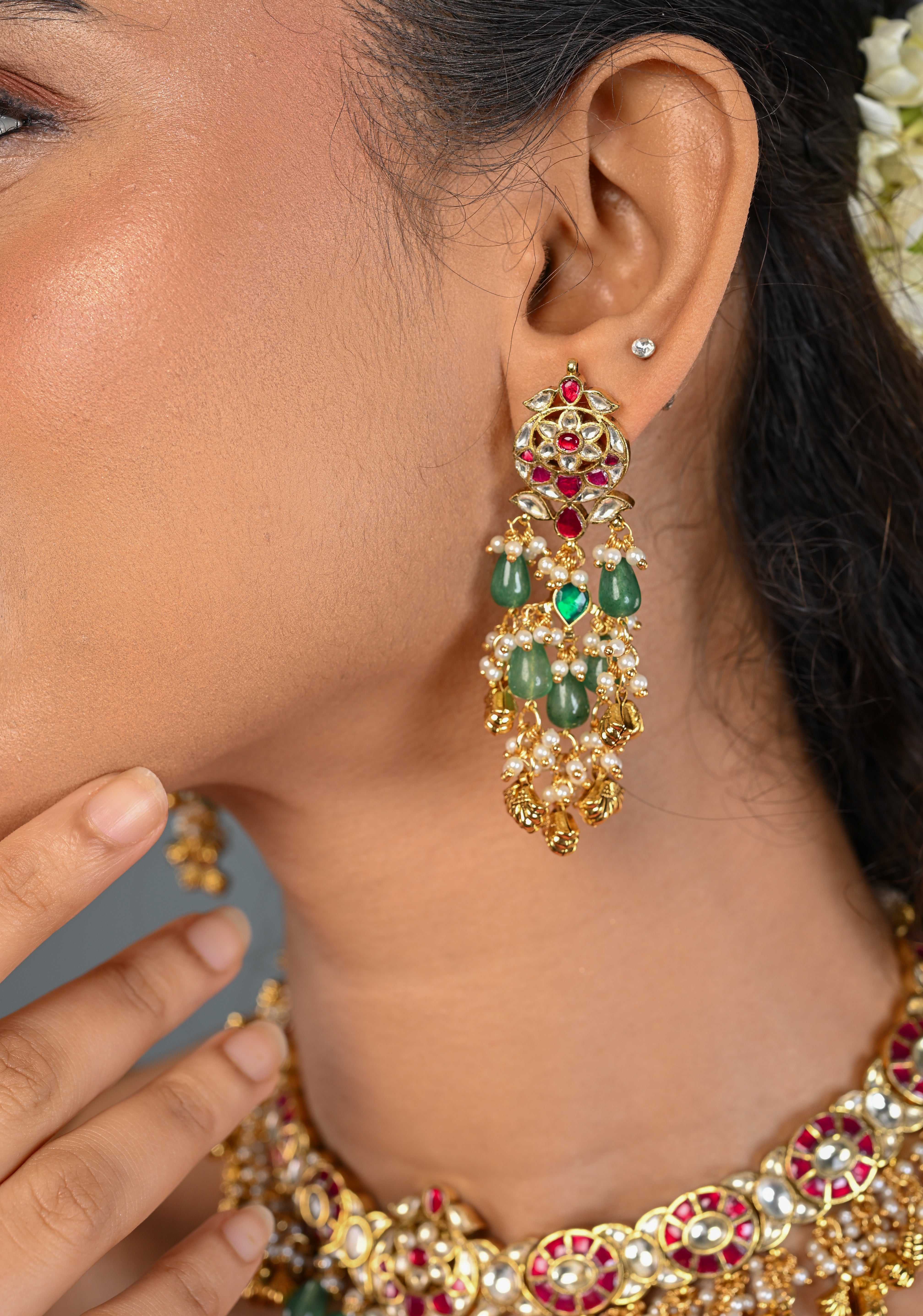 Ahmedabadi Jadau Kundan Necklace Set with Dangling beads | SHOBITAM