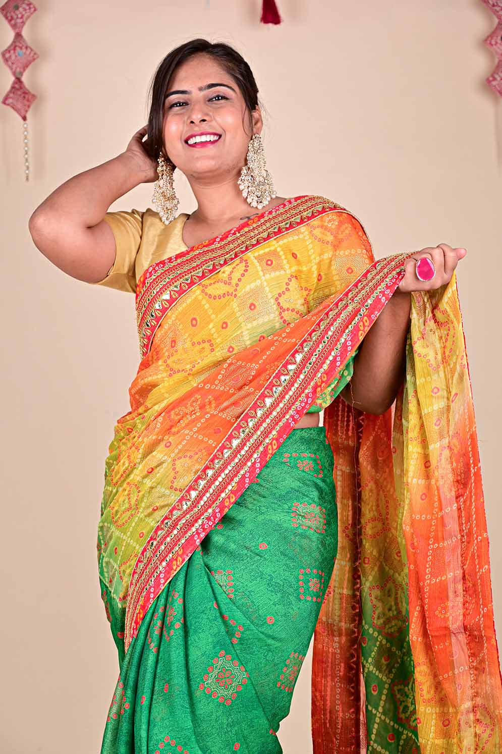 Prepossessing Green Bandhej With Gota Patti Border Wrap In One Minute Saree With Readymade Blouse - Isadora Life