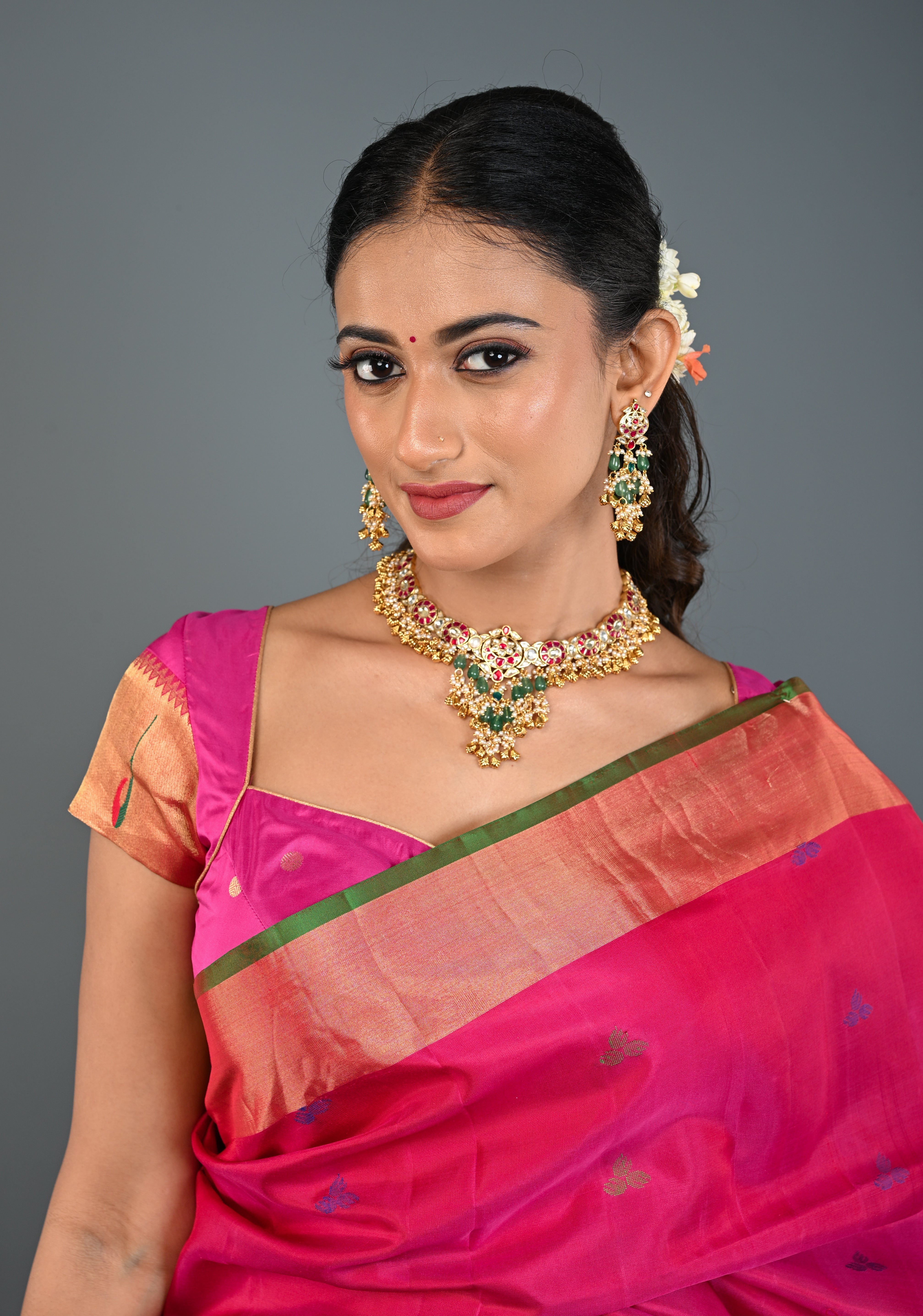 Ahmedabadi Jadau Kundan Necklace Set with Dangling beads | SHOBITAM