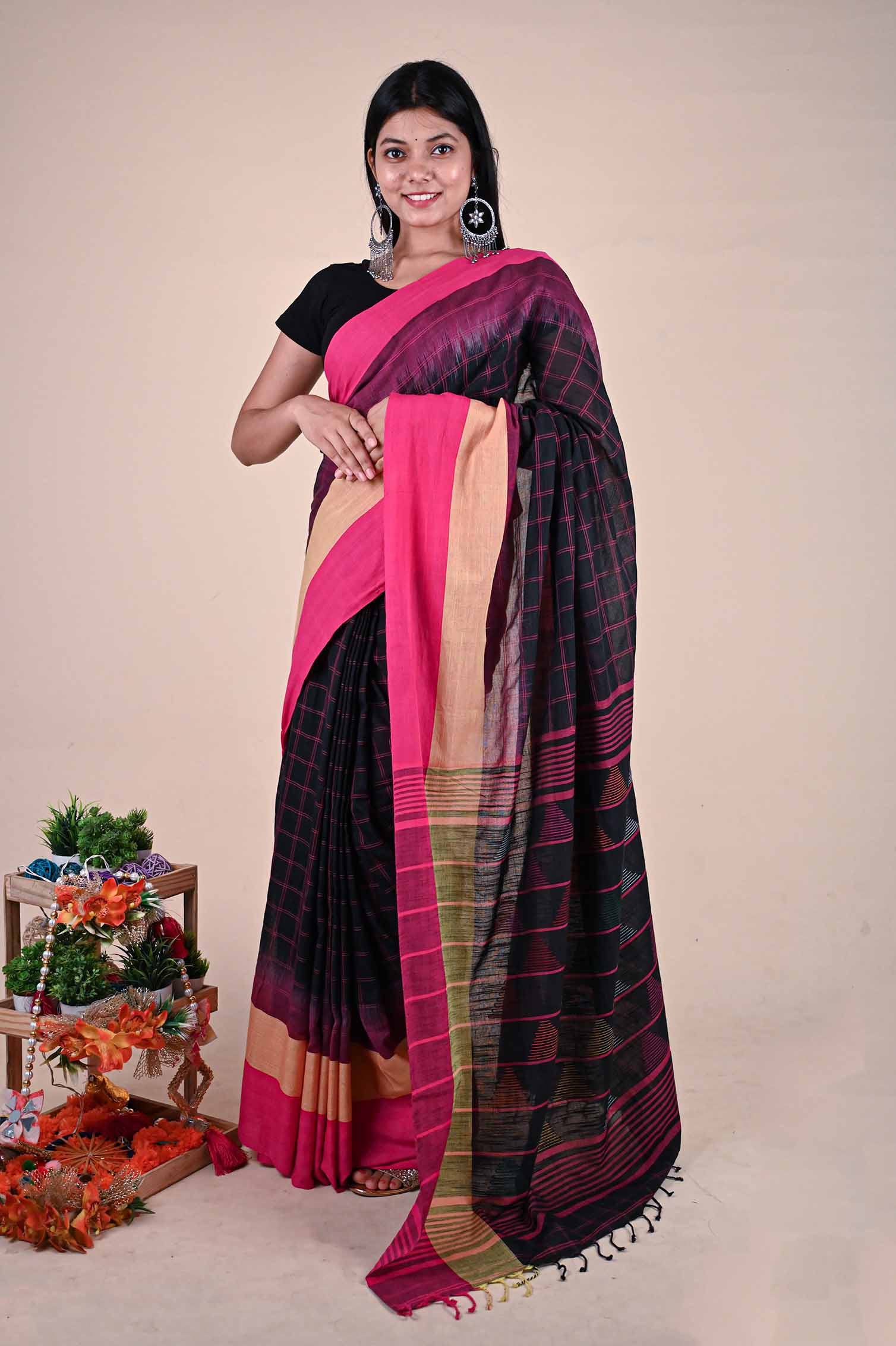 Ready to wear Pink & Black Checks Printed With Tassels on Pallu one minute ready made saree and readymade blouse - Isadora Life