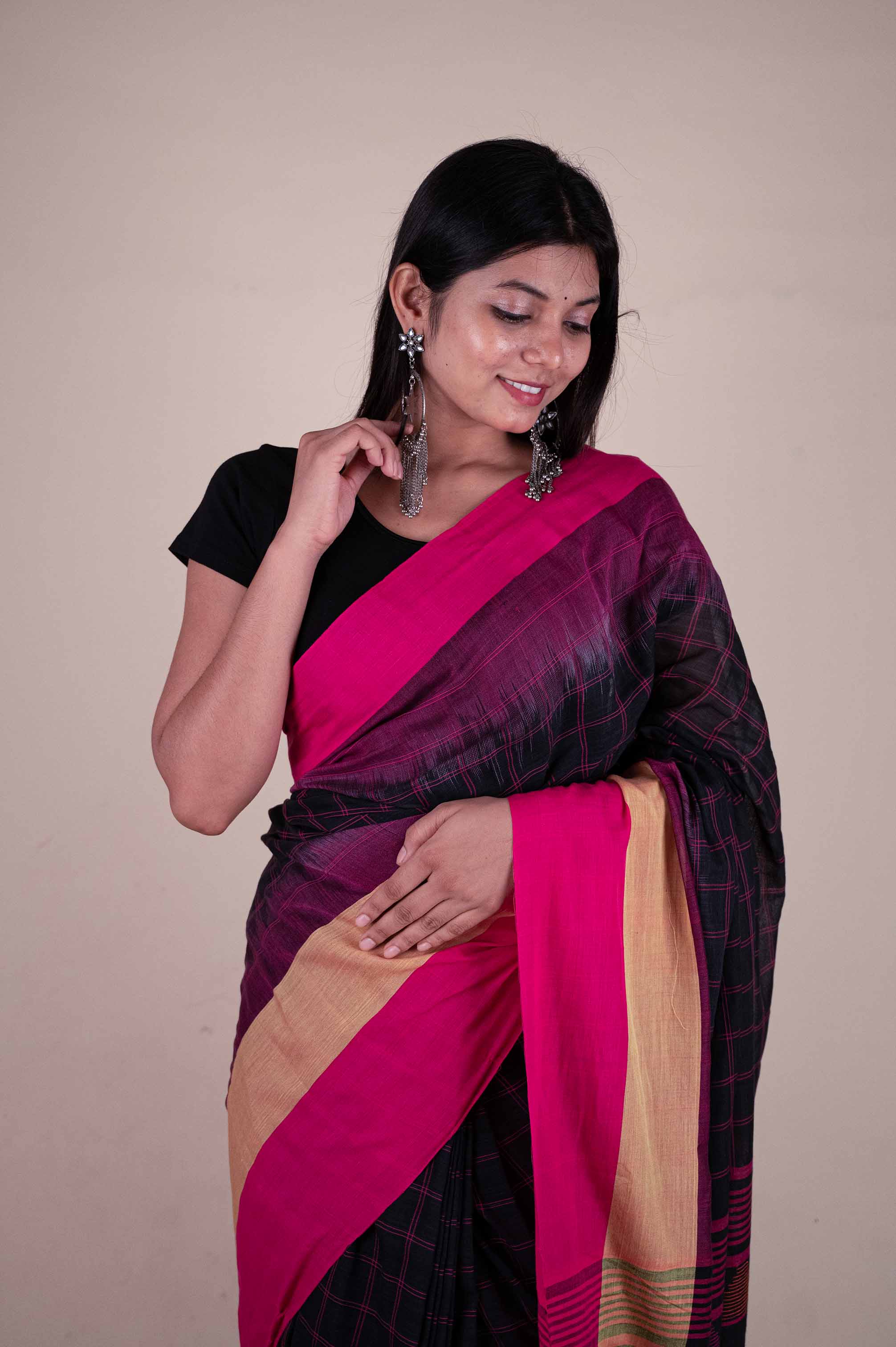 Ready to wear Pink & Black Checks Printed With Tassels on Pallu one minute ready made saree and readymade blouse - Isadora Life