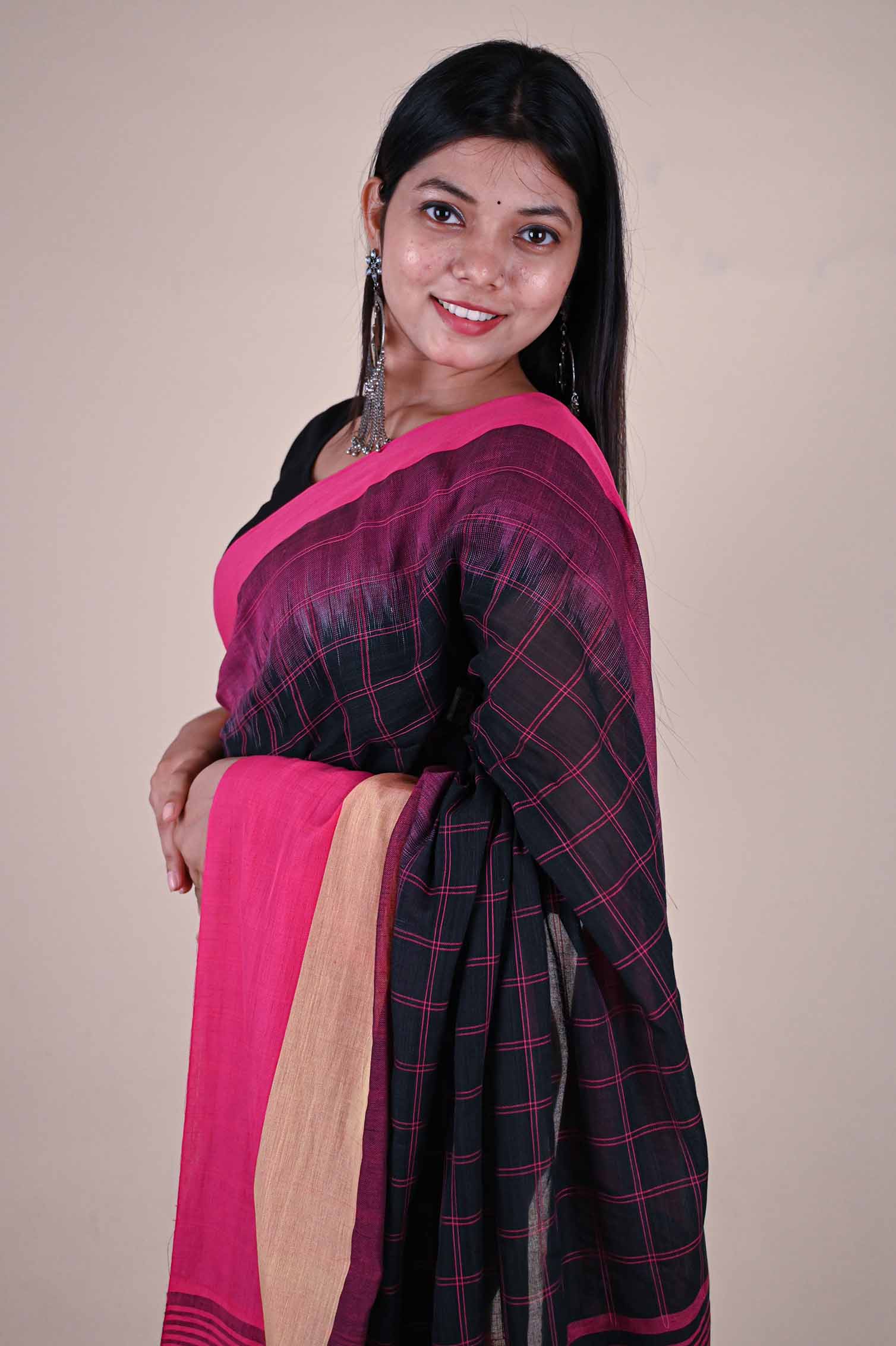 Ready to wear Pink & Black Checks Printed With Tassels on Pallu one minute ready made saree and readymade blouse - Isadora Life