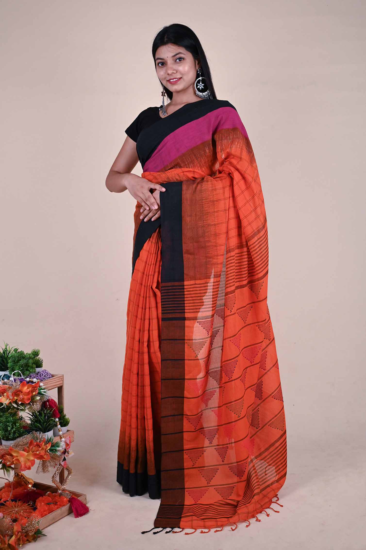 Ready to wear Black And Orange Checks Printed With Tassels on Pallu one minute ready made saree and readymade blouse - Isadora Life