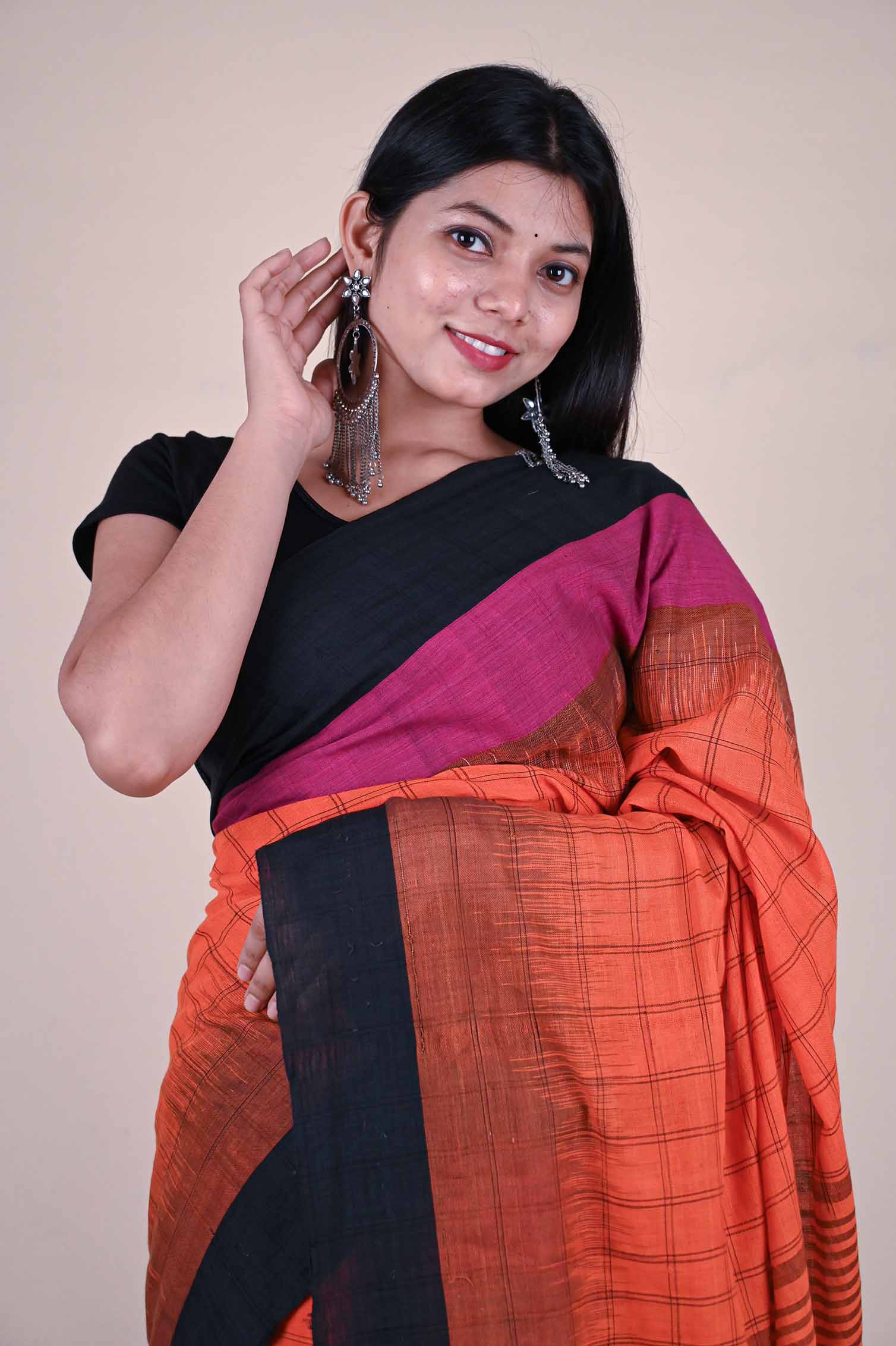 Ready to wear Black And Orange Checks Printed With Tassels on Pallu one minute ready made saree and readymade blouse - Isadora Life