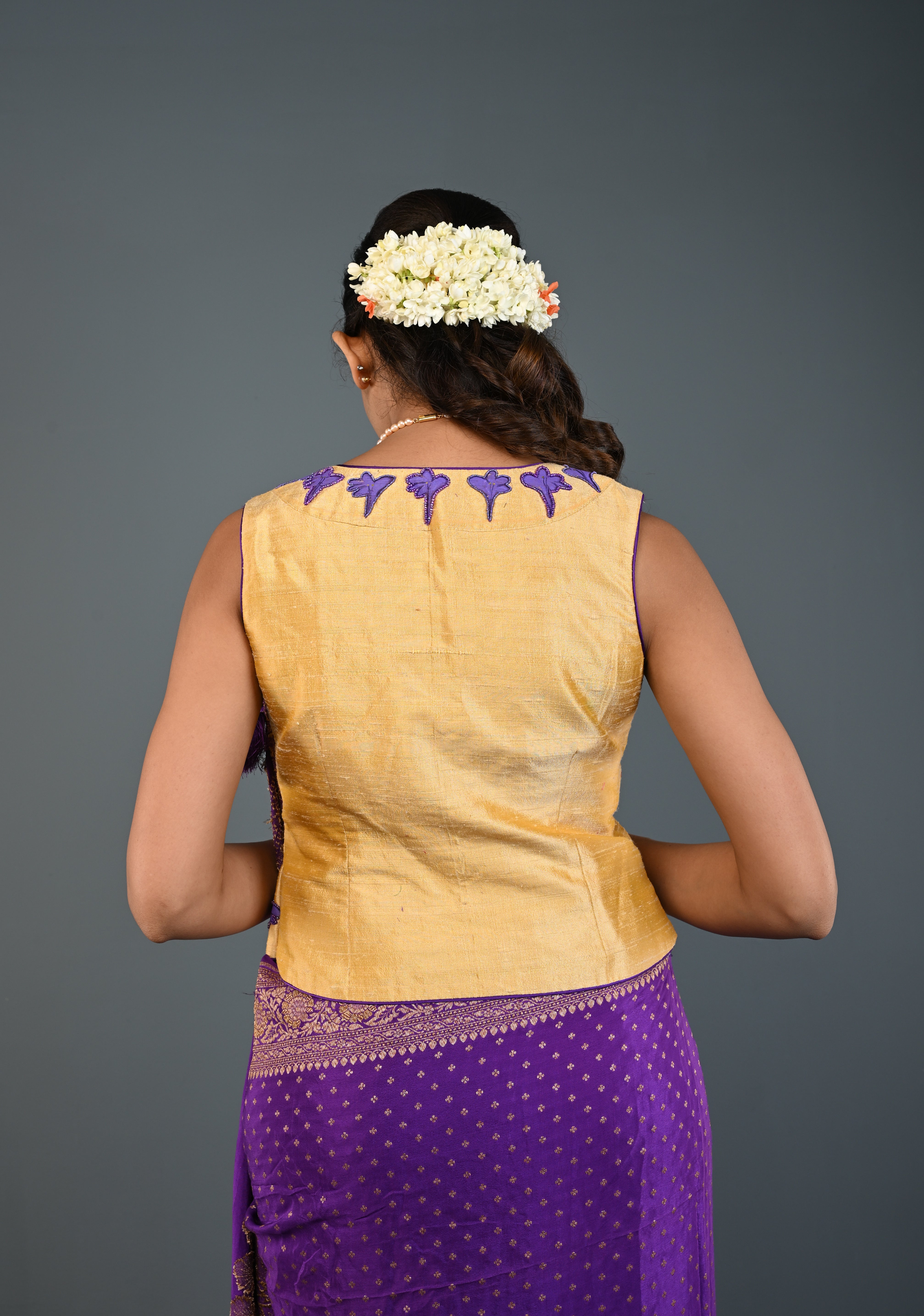 Golden Raw Silk Sleeveless Jacket Style Blouse/ Crop Top with Floral Handpainting and Beads Detailing , Customizable, Made to Order | Shobitam