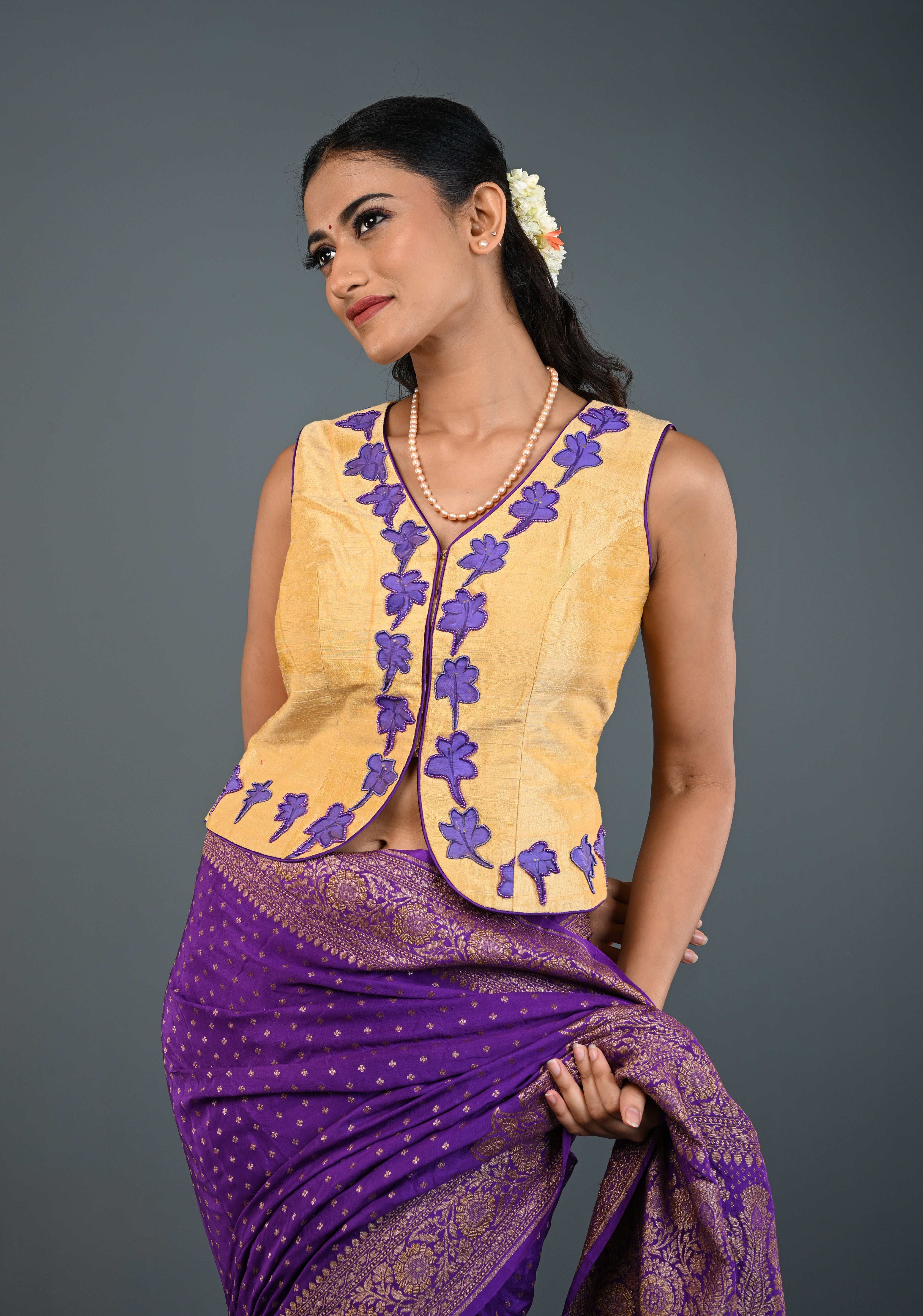 Golden Raw Silk Sleeveless Jacket Style Blouse/ Crop Top with Floral Handpainting and Beads Detailing , Customizable, Made to Order | Shobitam