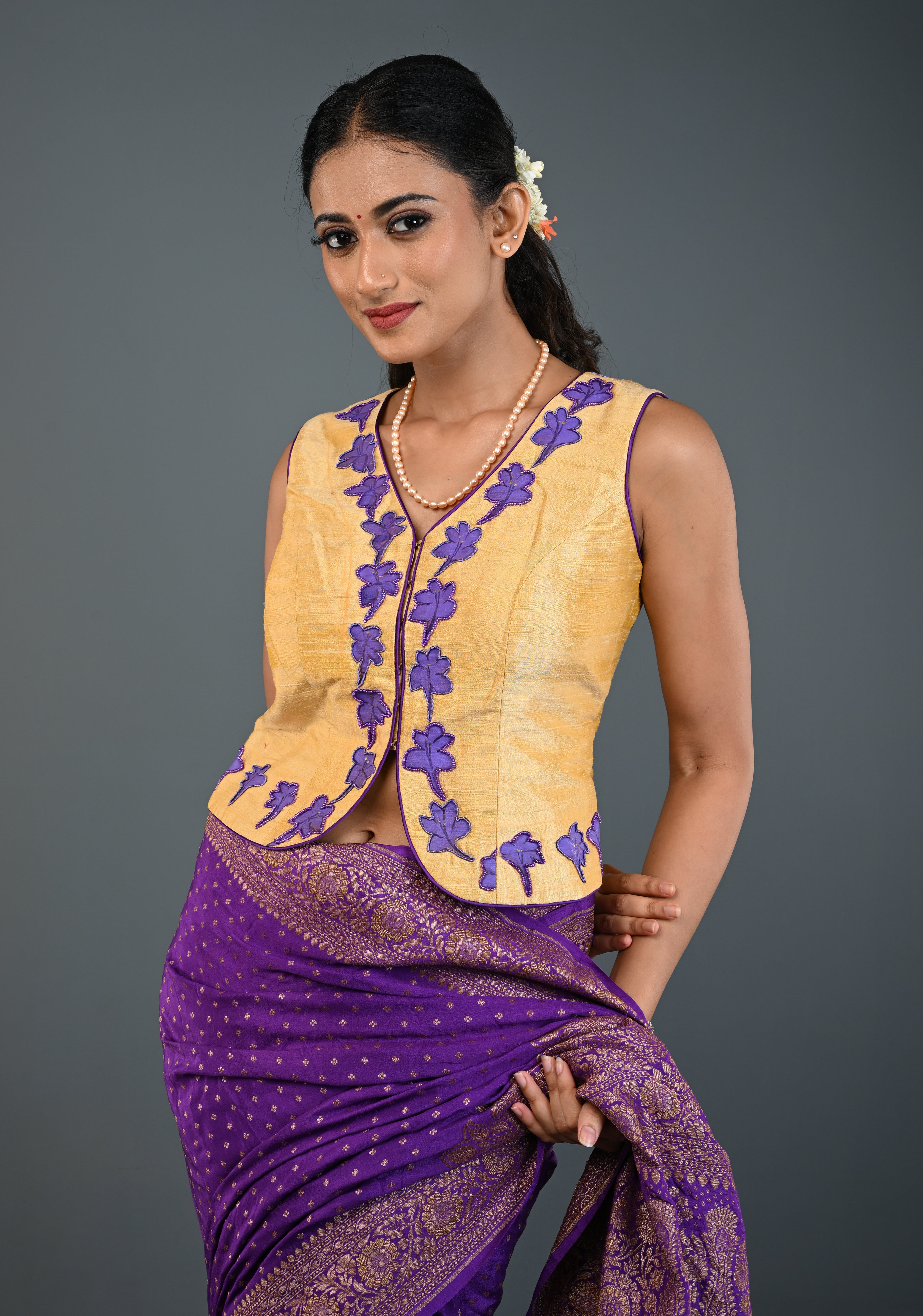 Golden Raw Silk Sleeveless Jacket Style Blouse/ Crop Top with Floral Handpainting and Beads Detailing , Customizable, Made to Order | Shobitam