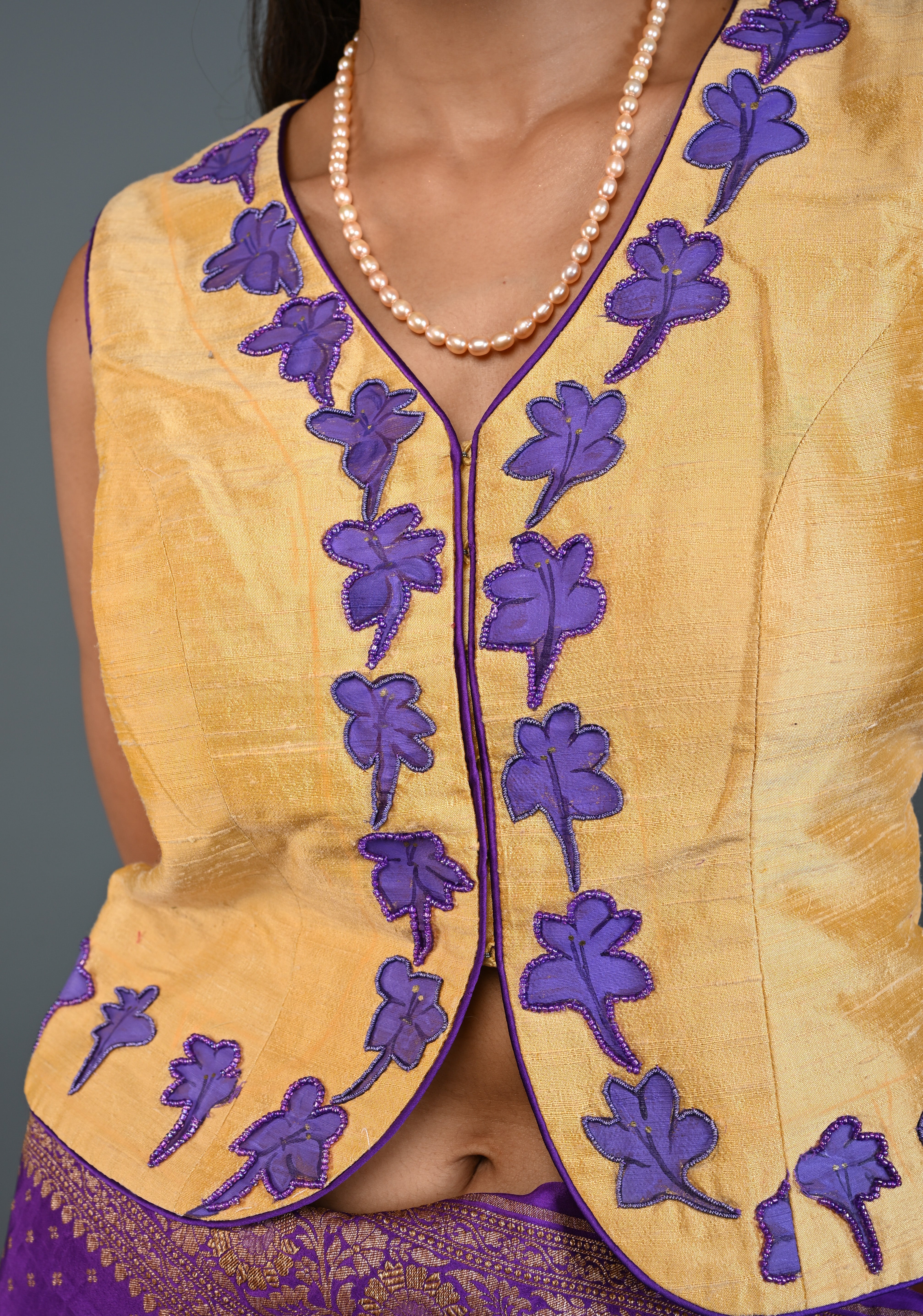 Golden Raw Silk Sleeveless Jacket Style Blouse/ Crop Top with Floral Handpainting and Beads Detailing , Customizable, Made to Order | Shobitam