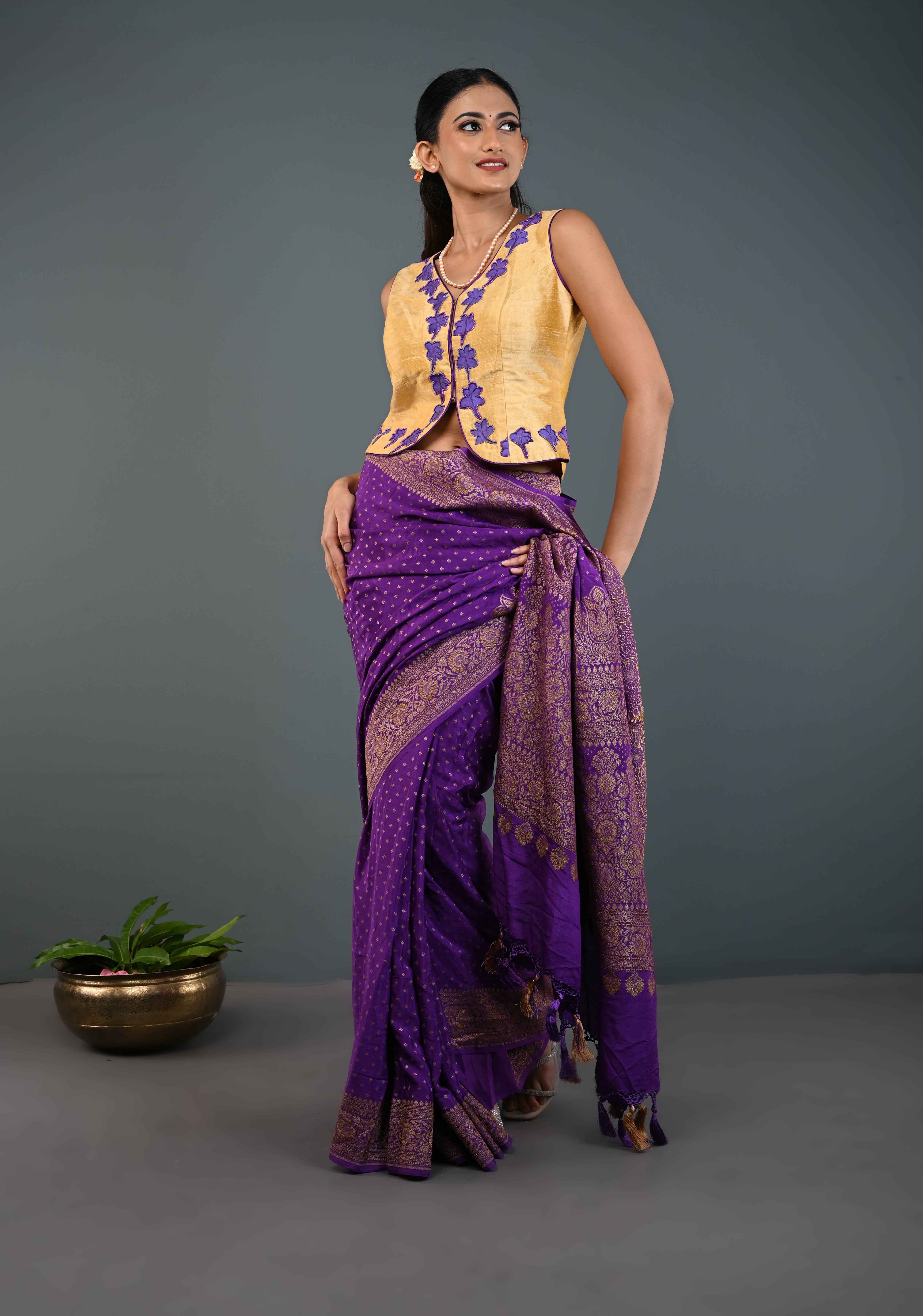 Golden Raw Silk Sleeveless Jacket Style Blouse/ Crop Top with Floral Handpainting and Beads Detailing , Customizable, Made to Order | Shobitam