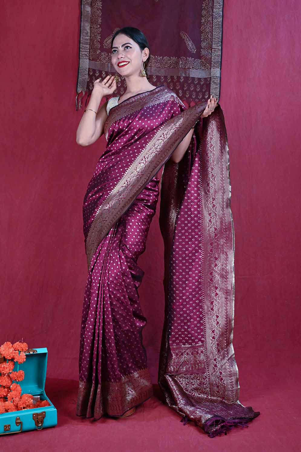 Ready To Wear Bollywood Maroon Banarasi Wrap in 1 minute saree With Readymade Blouse - Isadora Life