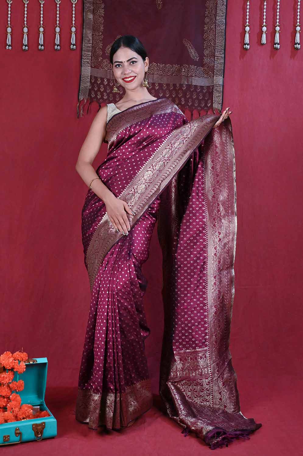 Ready To Wear Bollywood Maroon Banarasi Wrap in 1 minute saree With Readymade Blouse - Isadora Life