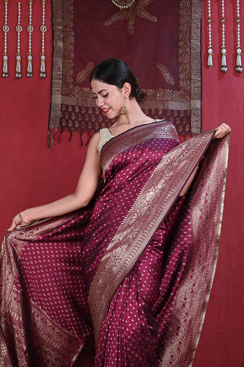 Ready To Wear Bollywood Maroon Banarasi Wrap in 1 minute saree With Readymade Blouse - Isadora Life