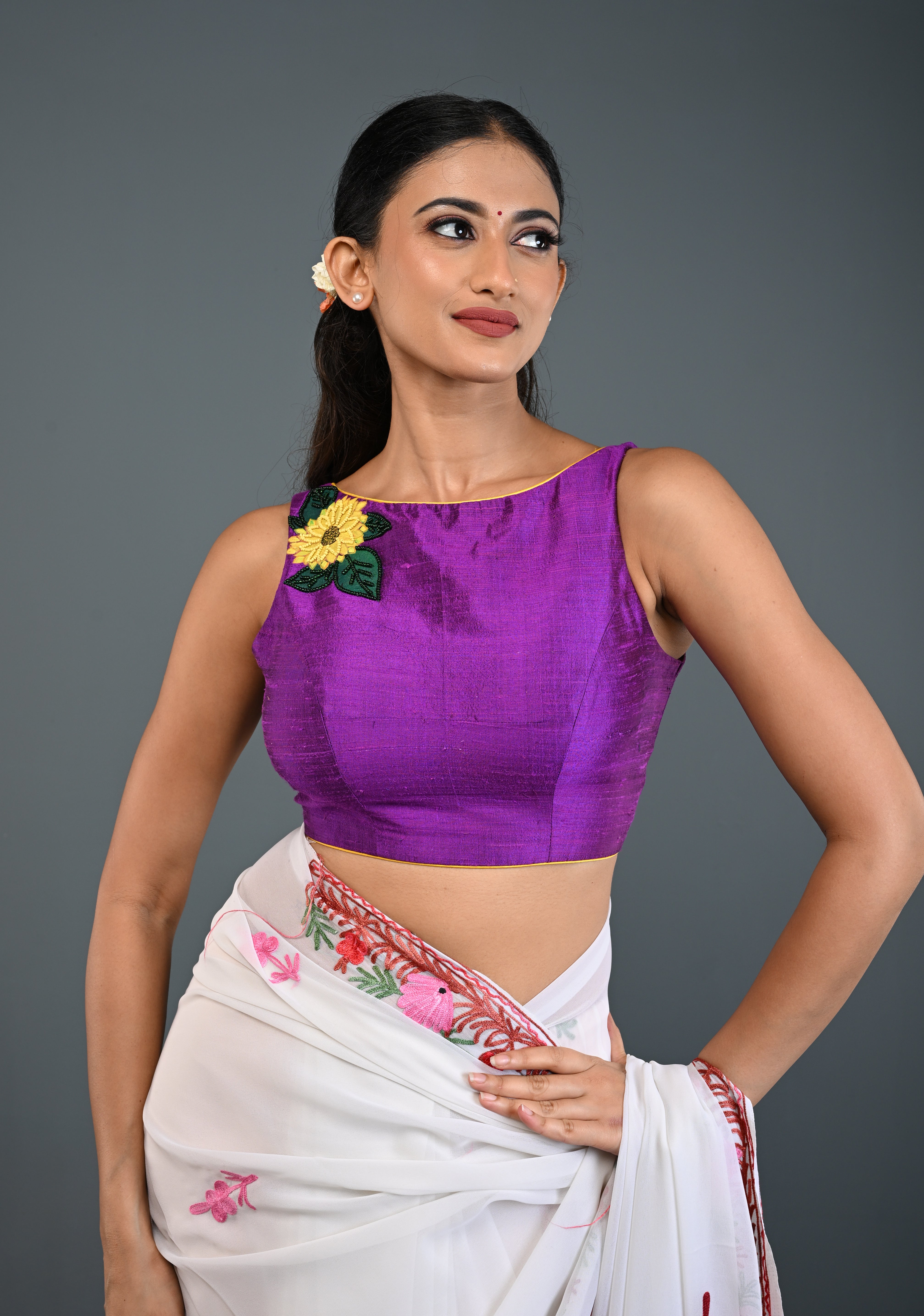 Purple Pure Raw Silk Sleeveless Blouse with Sunflower Handpainting, Beadwork and Back Cutout Design , Customizable, Made to Order | Shobitam